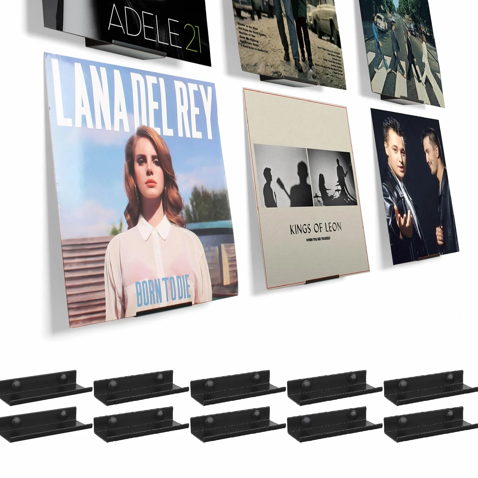BiJun Winylowy uchwyt ścienny, czarny, metalowy, winylowy, półka, stojak do montażu ściennego na albumy LP, minimalistyczny zestaw do przechowywania płyt CD w biurze, domu, czarny, 10 szt