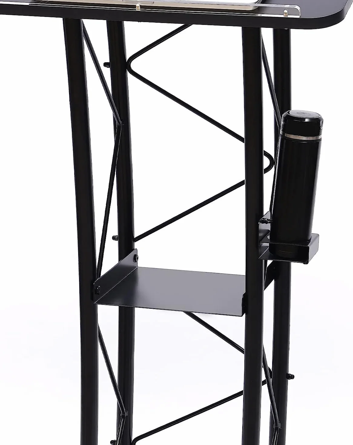 Czarny zakrzywiony metalowy stojak na podium, mównica stojąca z uchwytem na kubek, 40 x 60 x 120 cm, do biura, szkoły i na imprezy