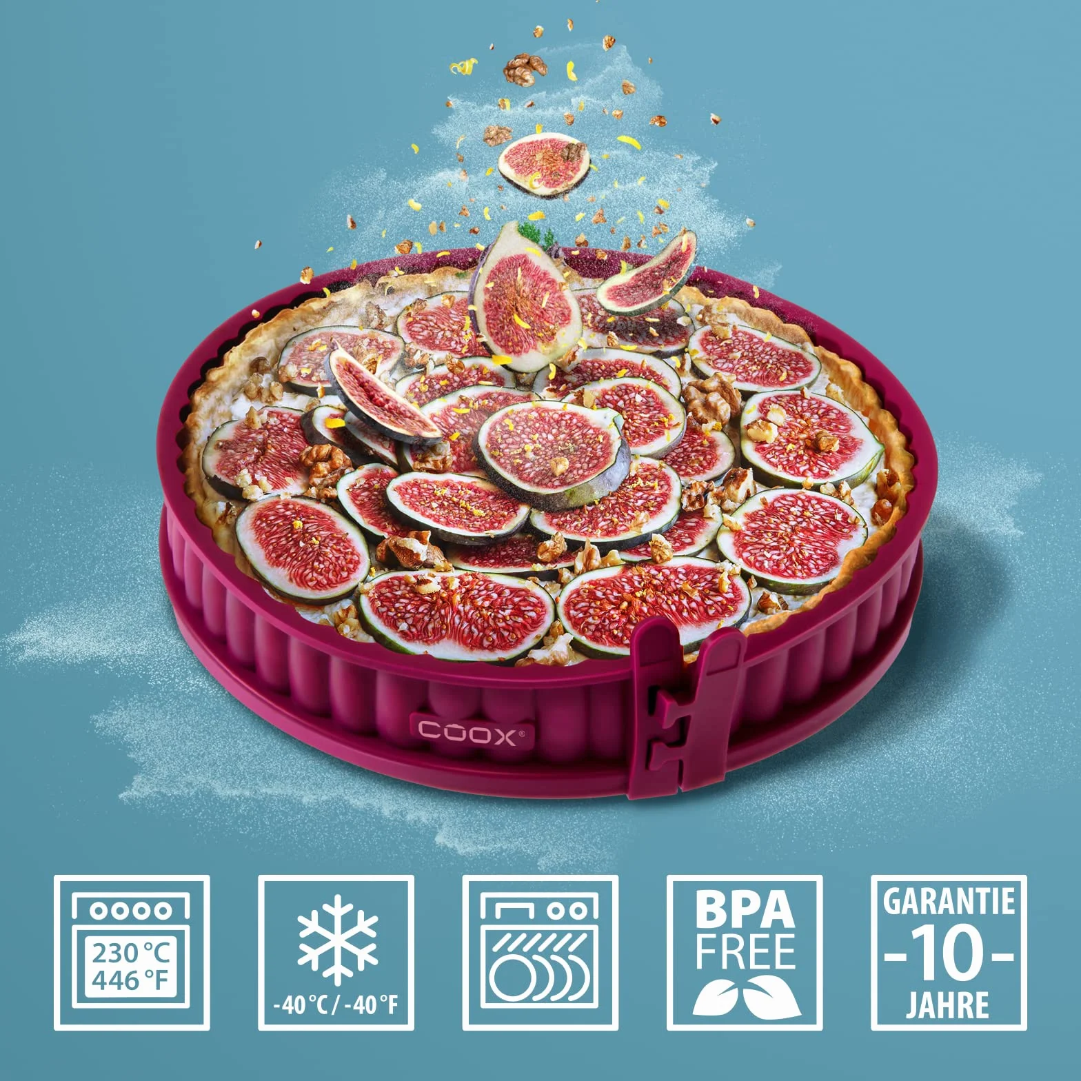 coox Forma do quiche ze szklanym dnem ⌀ 26 cm w kolorze ciemnoczerwonym, pieczenie i podawanie bezpośrednio na szklanej płycie i krojenie, bez konieczności przestawiania, ciemnoczerwona, CXQFGDR