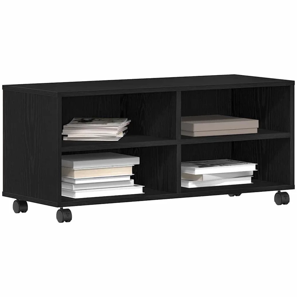 Szafka pod telewizor czarna, 90 x 35 x 40,5 cm, materiał drewnopochodny, nowoczesne wzornictwo, uniwersalna podstawka pod telewizor, oszczędzająca miejsce konsola medialna do salonu