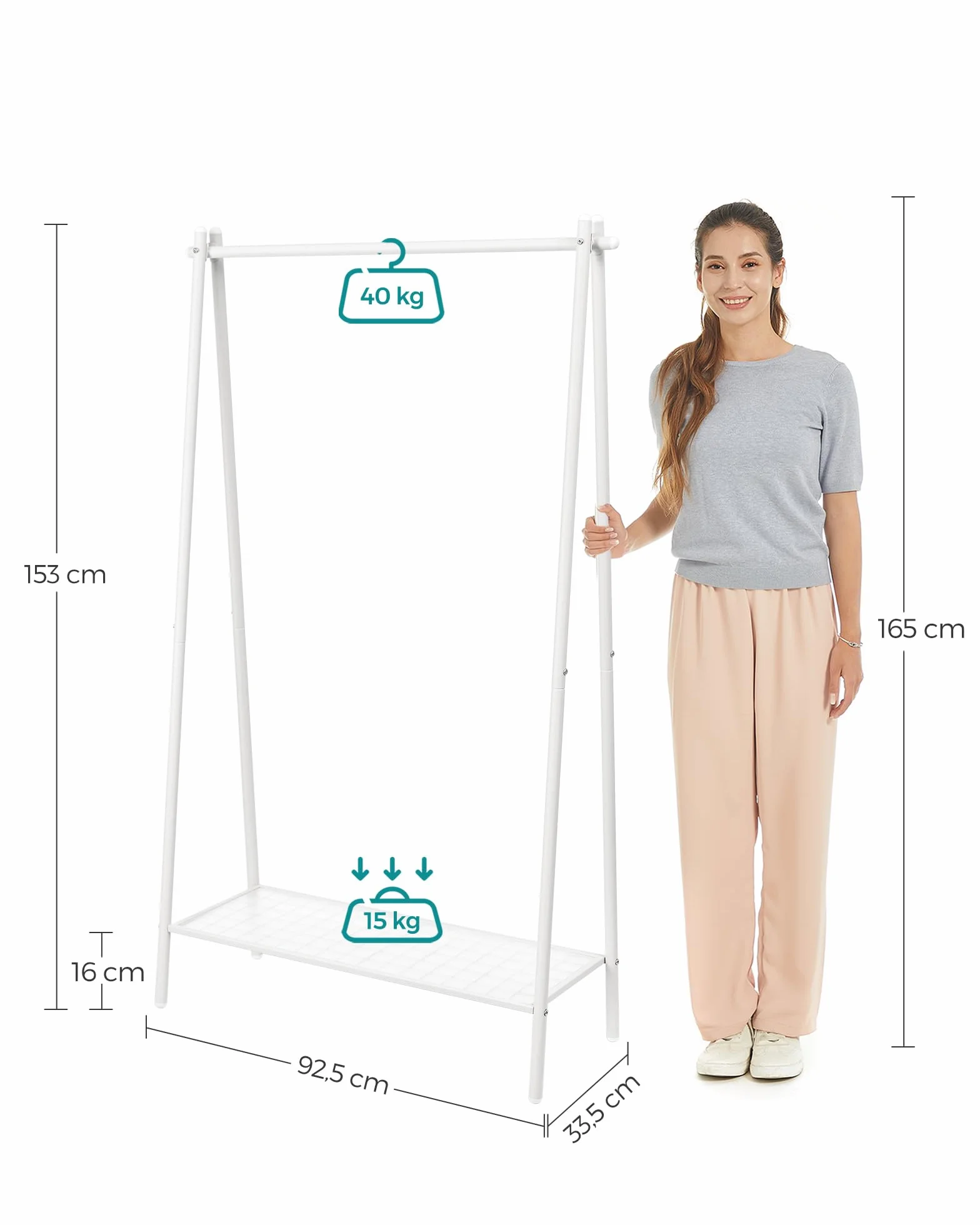 SONGMICS Wieszak na ubrania, wieszak na ubrania, wieszak na ubrania ze stalową ramą, z drążkiem wiszącym i półką, 33,5 x 92,5 x 153 cm, do sypialni, garderoby, pralni, biały HSR023W01