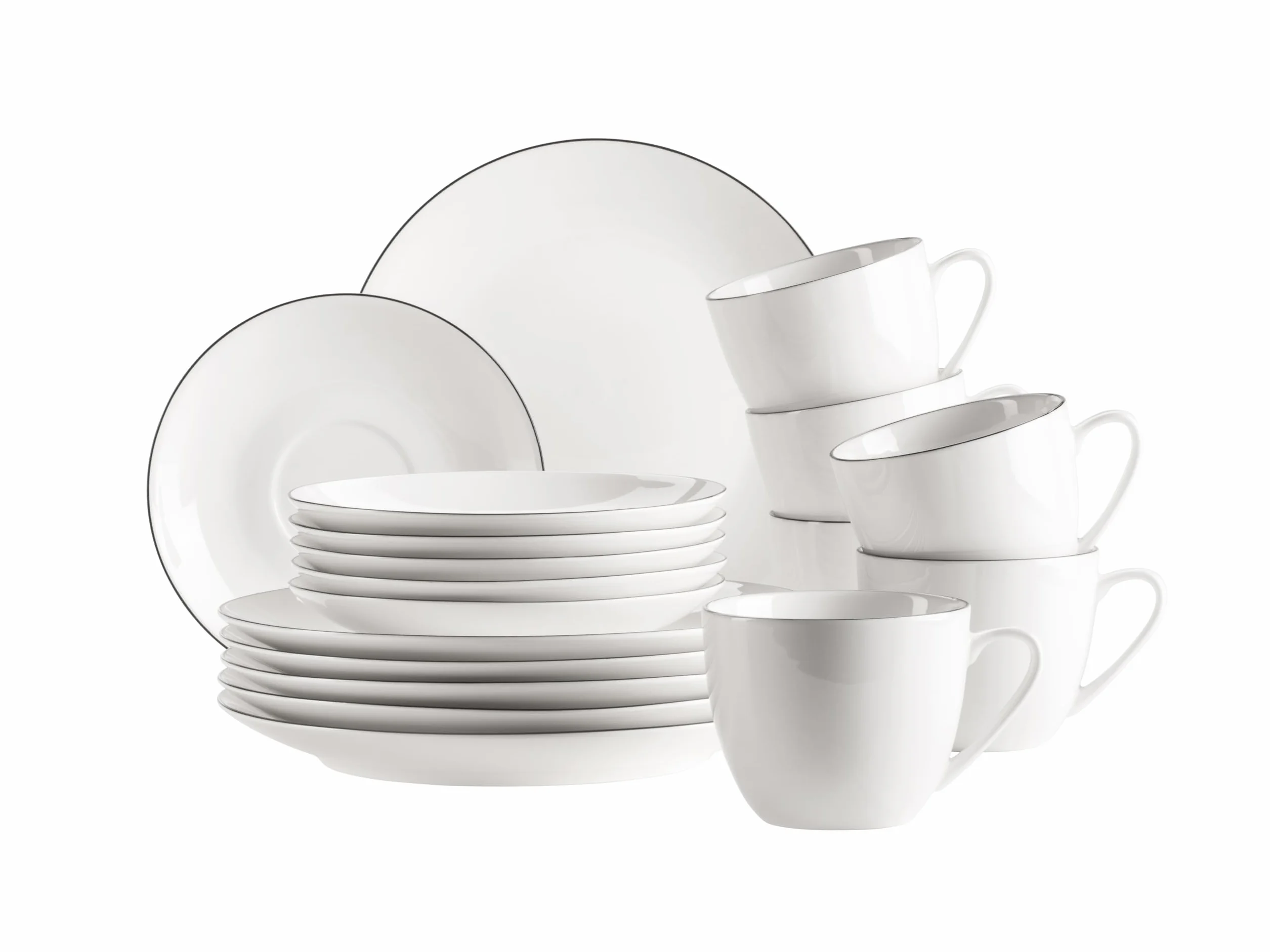 MÄSER Seria Felise, eleganckie naczynia do kawy dla 6 osób, ponadczasowe, z czarną krawędzią, porcelana, biała