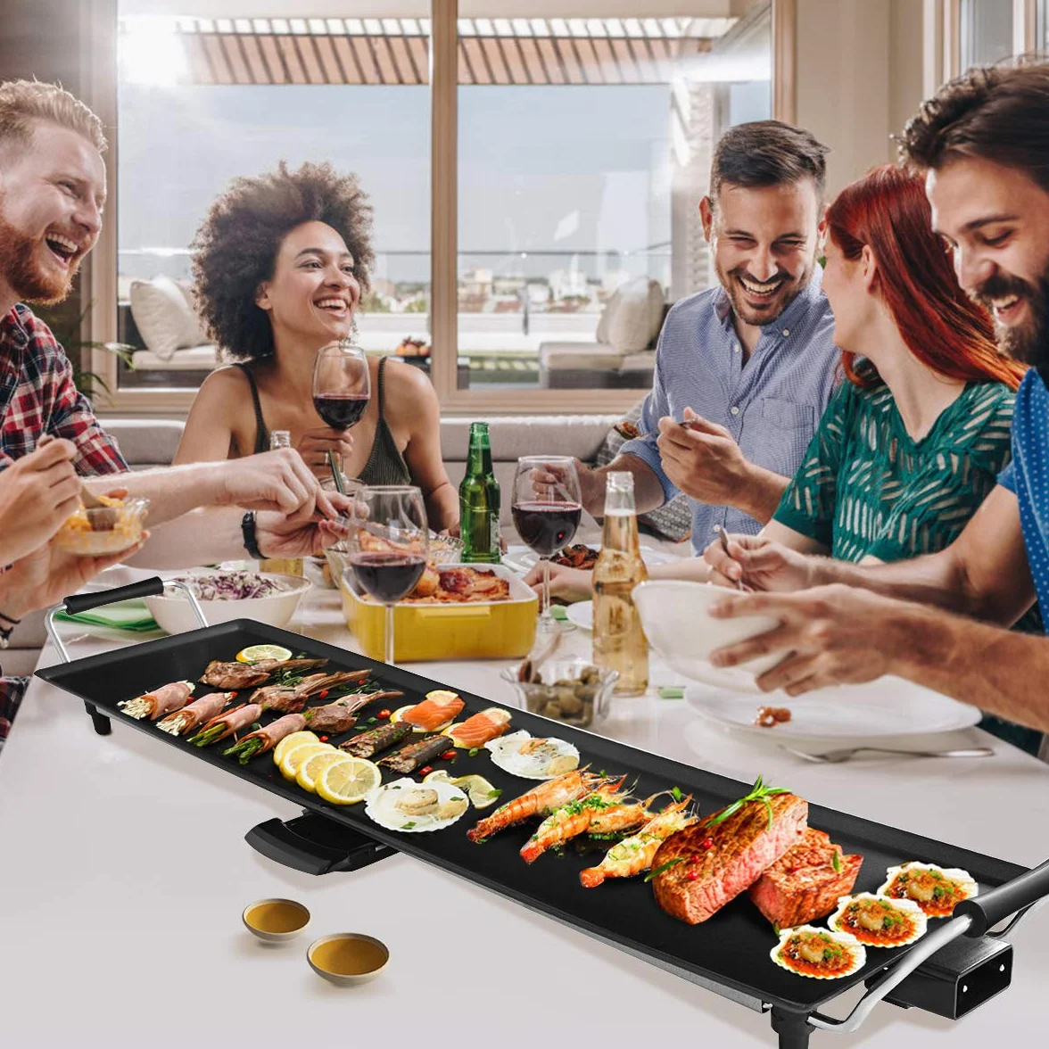 COSTWAY Teppanyaki Grill Elektryczny 90 x 23 cm, Płyta Grillowa 1800 W z Powłoką Zapobiegającą Przywieraniu, 6 Drewnianych Szpatułek i Nieprzywierający Pierścień do Jajek