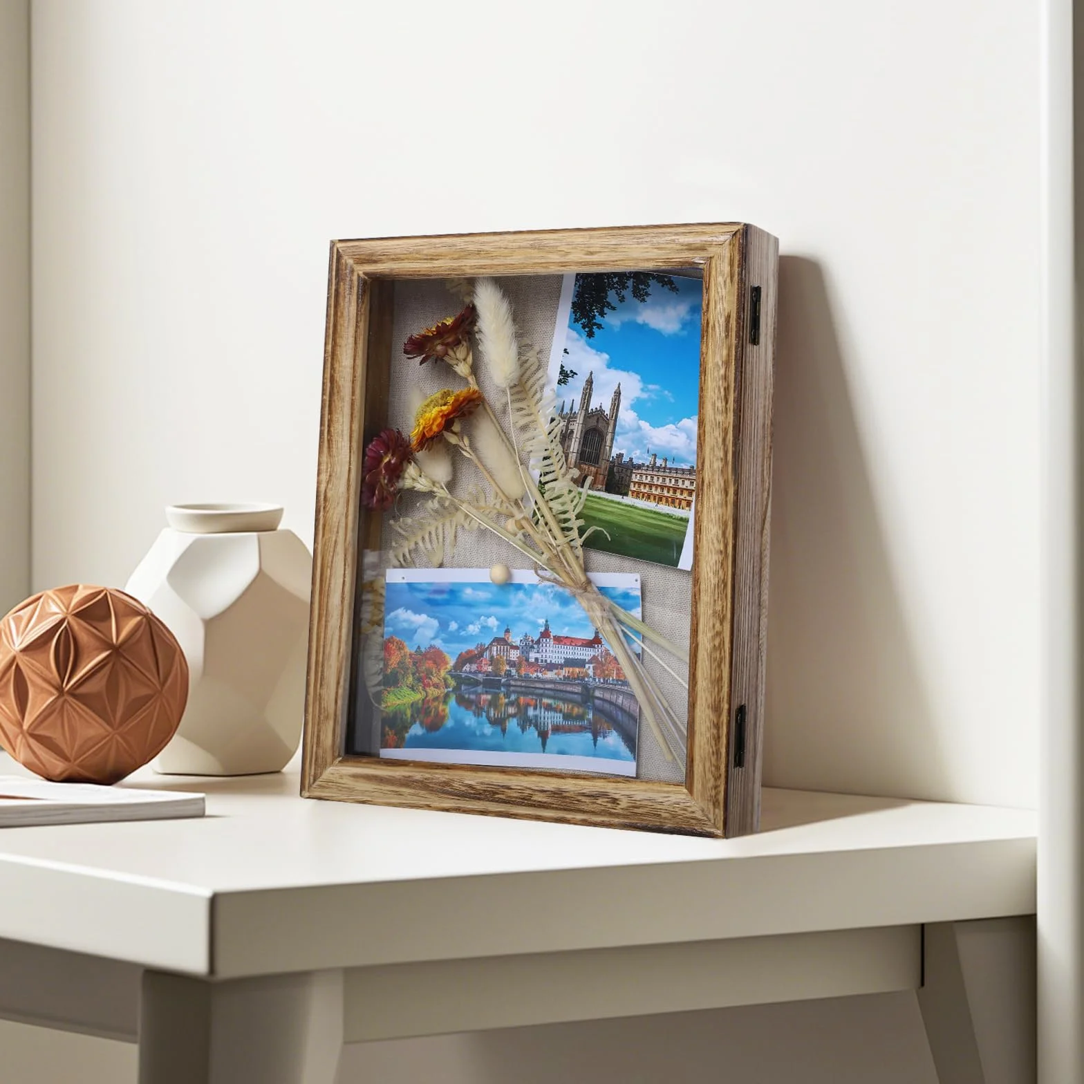 Drewniana ramka na cienie, 25 x 20 cm głębokości, ramka na zdjęcia do powieszenia na ścianie lub blacie, ramka ekspozycyjna 3D na zdjęcie, kwiaty, dzieła sztuki, pamiątki