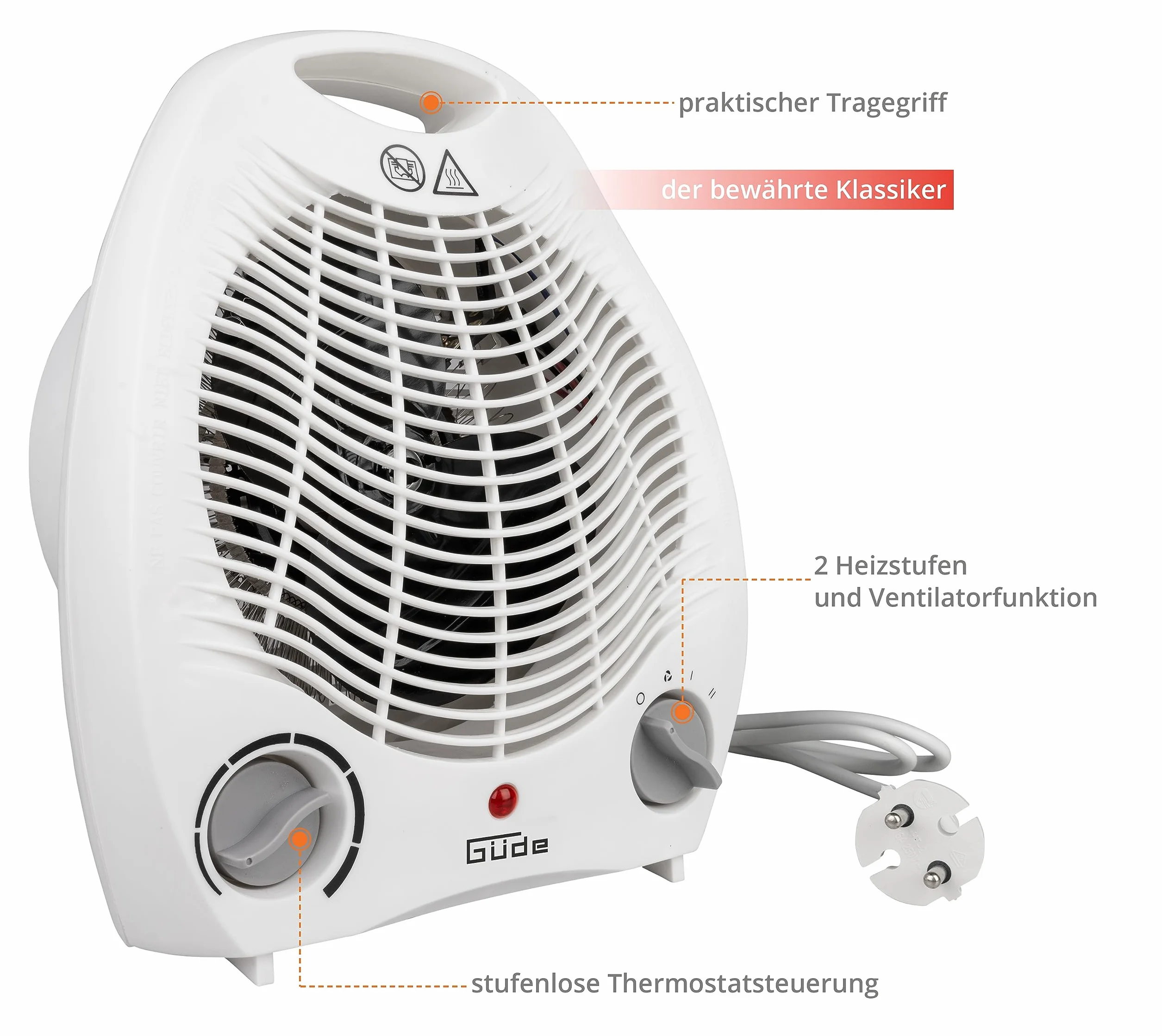 Güde 85175 GH 2000 termowentylator (moc grzewcza 2000 W, 2 stopnie mocy (1000/2000 W), funkcja wentylatora, moc nadmuchu 75 m³/h, bezstopniowy termostat, ochrona przed przegrzaniem i przewróceniem,