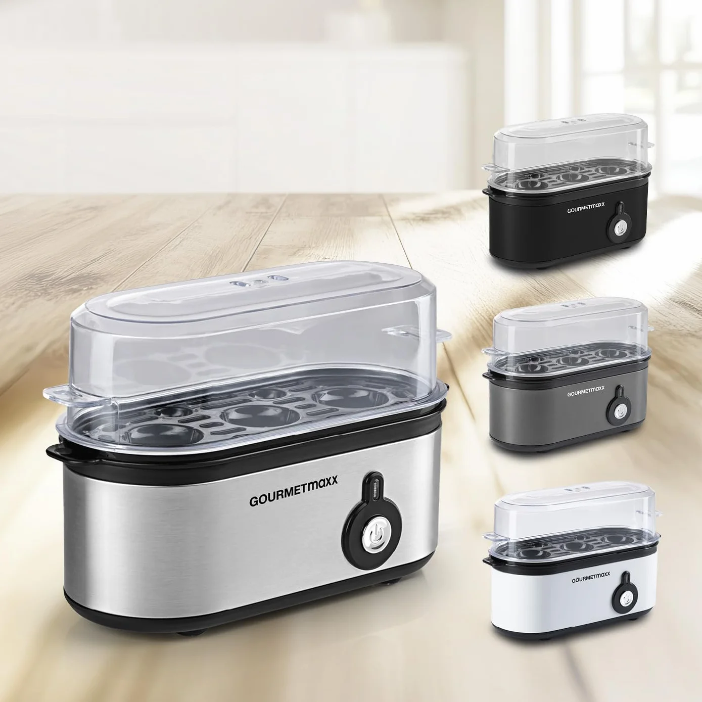 GOURMETmaxx Jajowar na 3 jajka | bojler do jajek z wykrawaczem do jajek w miarce | Egg Cooker – 3 stopnie twardości do kieliszków do jajek | Design mały jajowar – części nadające się do mycia w