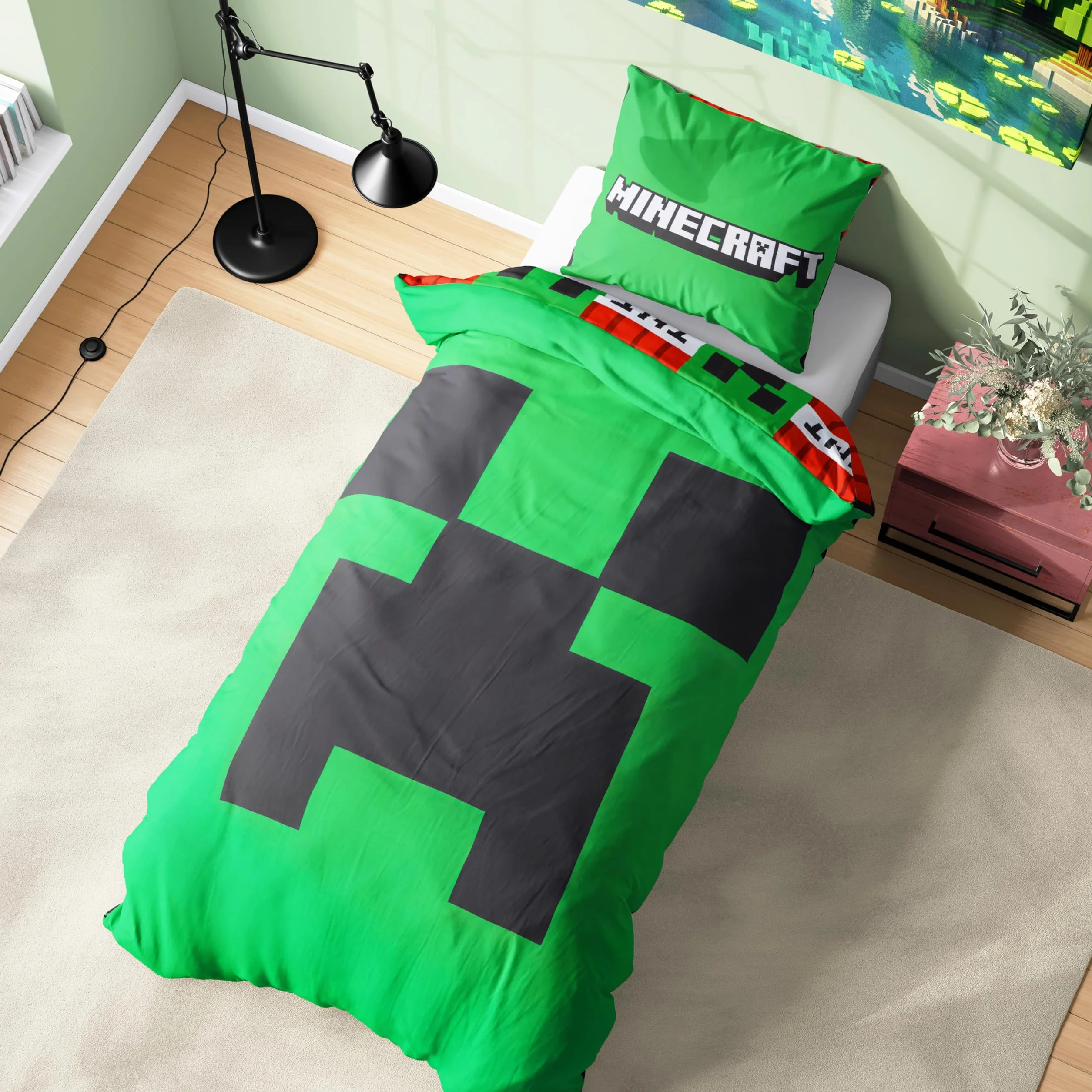 Minecraft Pojedynczy zestaw poszewek na kołdrę dla dzieci, dwustronna pościel i poszewka na poduszkę