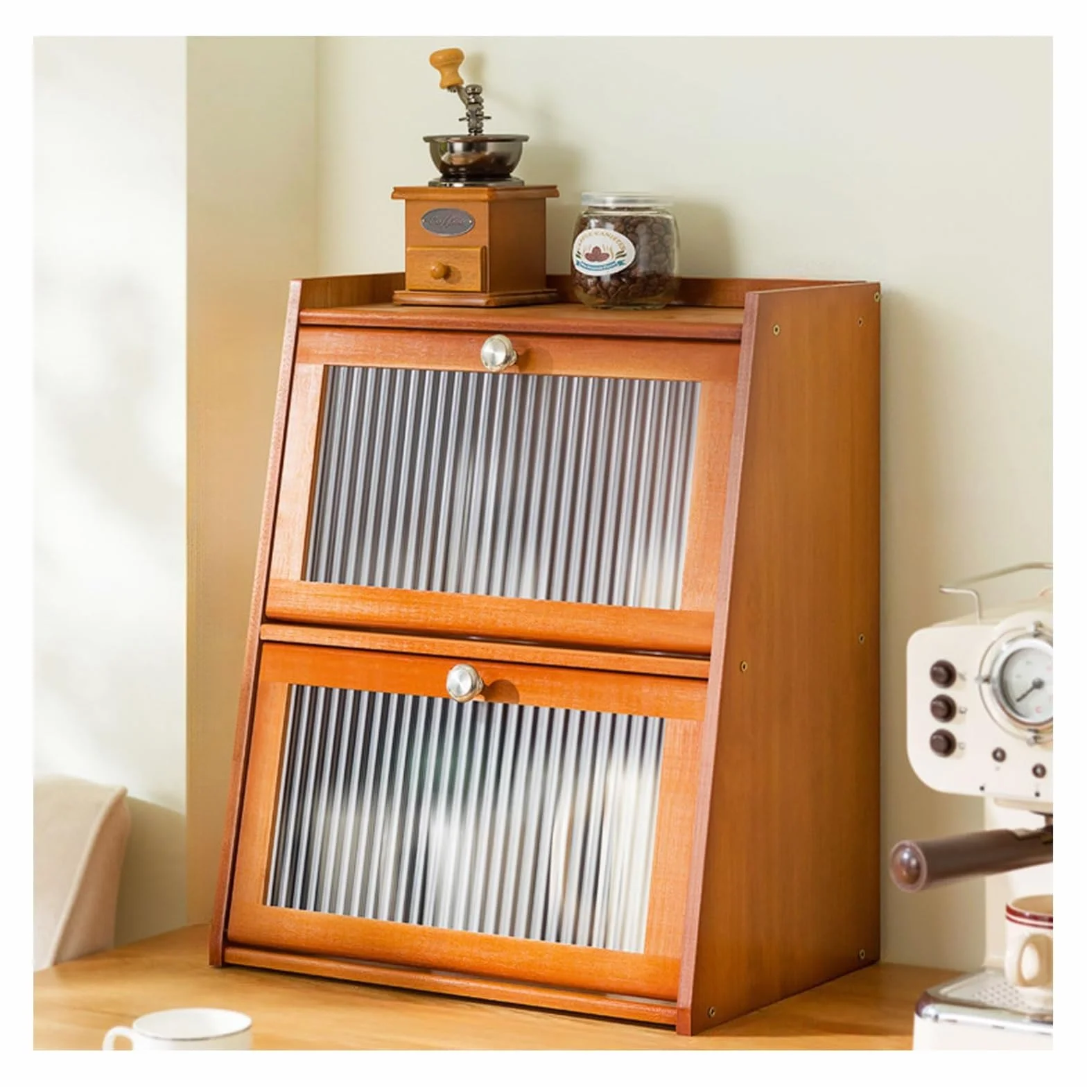 Bambusowa dwuwarstwowa skrzynka na chleb, akrylowe okno, szafka kuchenna o dużej pojemności, styl retro, magnetyczne zamknięcie dla świeżości, 40 x 50 cm
