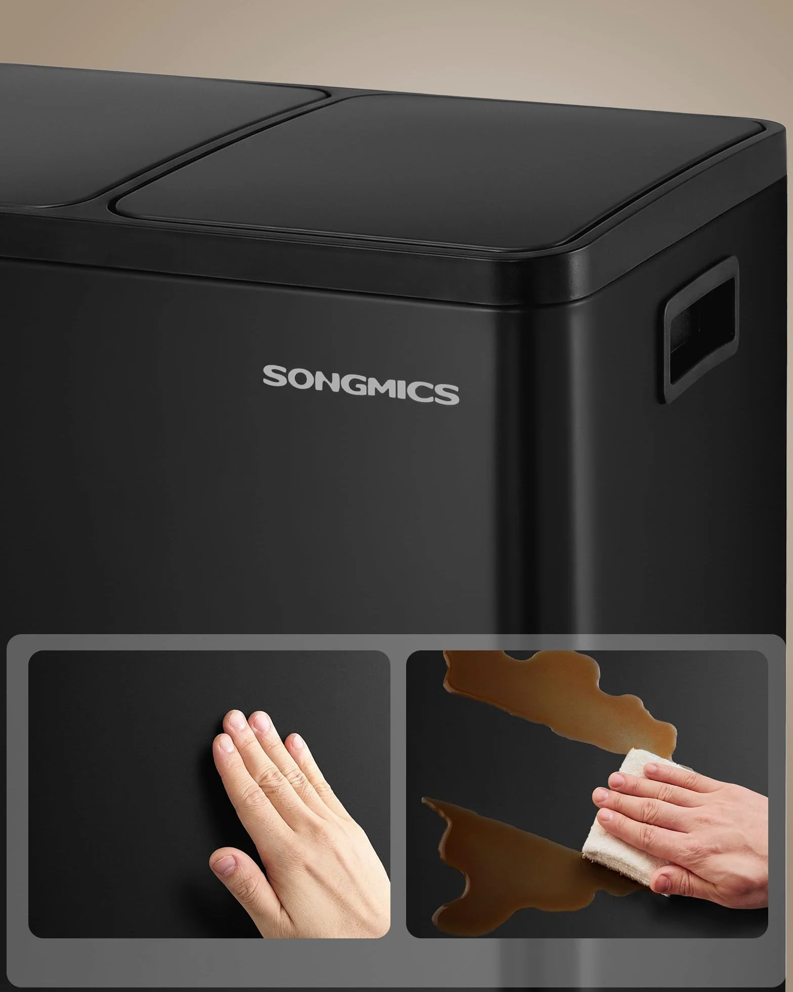 SONGMICS Kosz na śmieci kuchenny, 2 x 30 l, system segregacji śmieci, 2 przegródki, kosz na śmieci z 15 workami na śmieci, kosz na śmieci z pedałem, wyjmowany kosz wewnętrzny, pokrywka Softclose