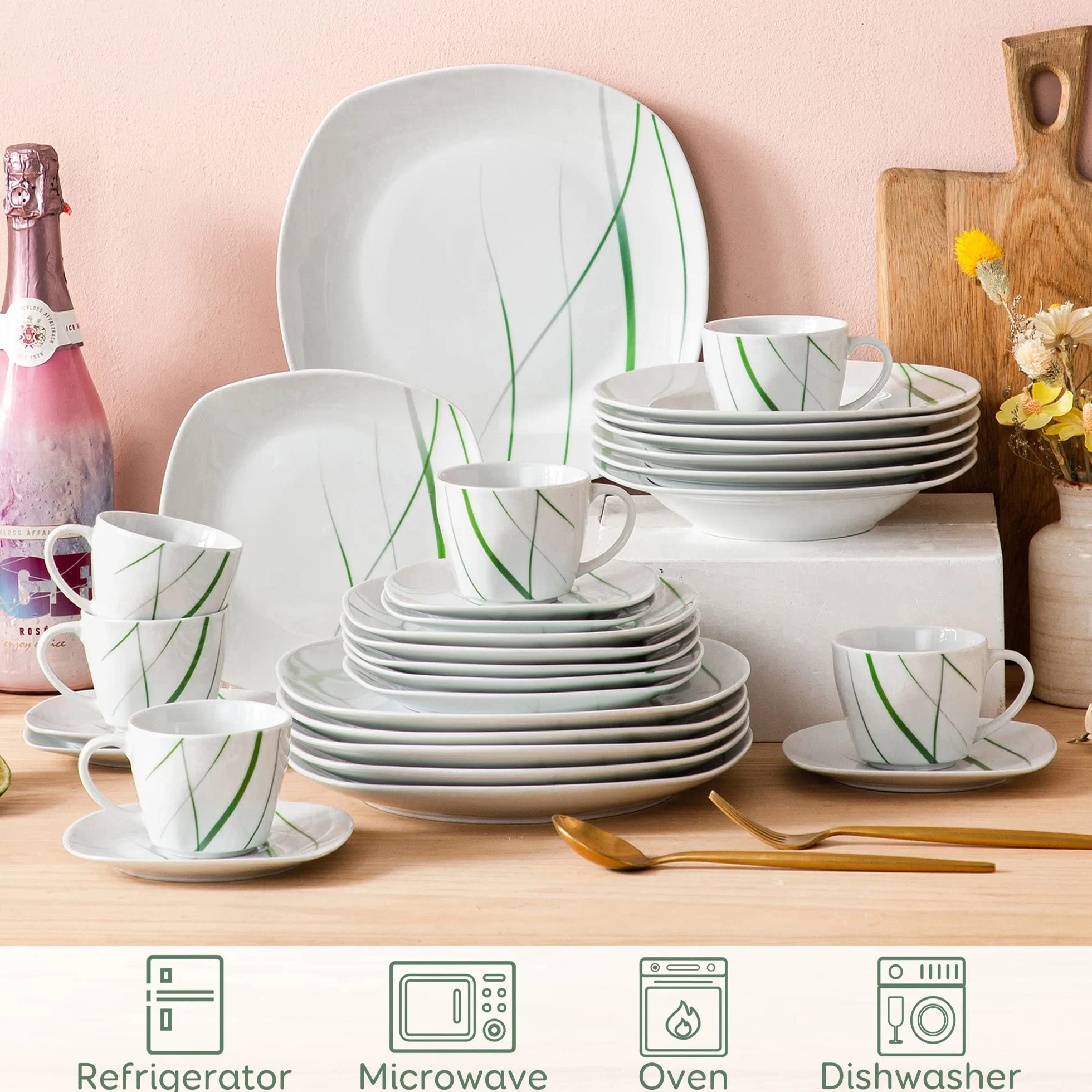 VEWEET Aviva 30-częściowy porcelanowy zestaw obiadowy, kość słoniowa, zielone linie