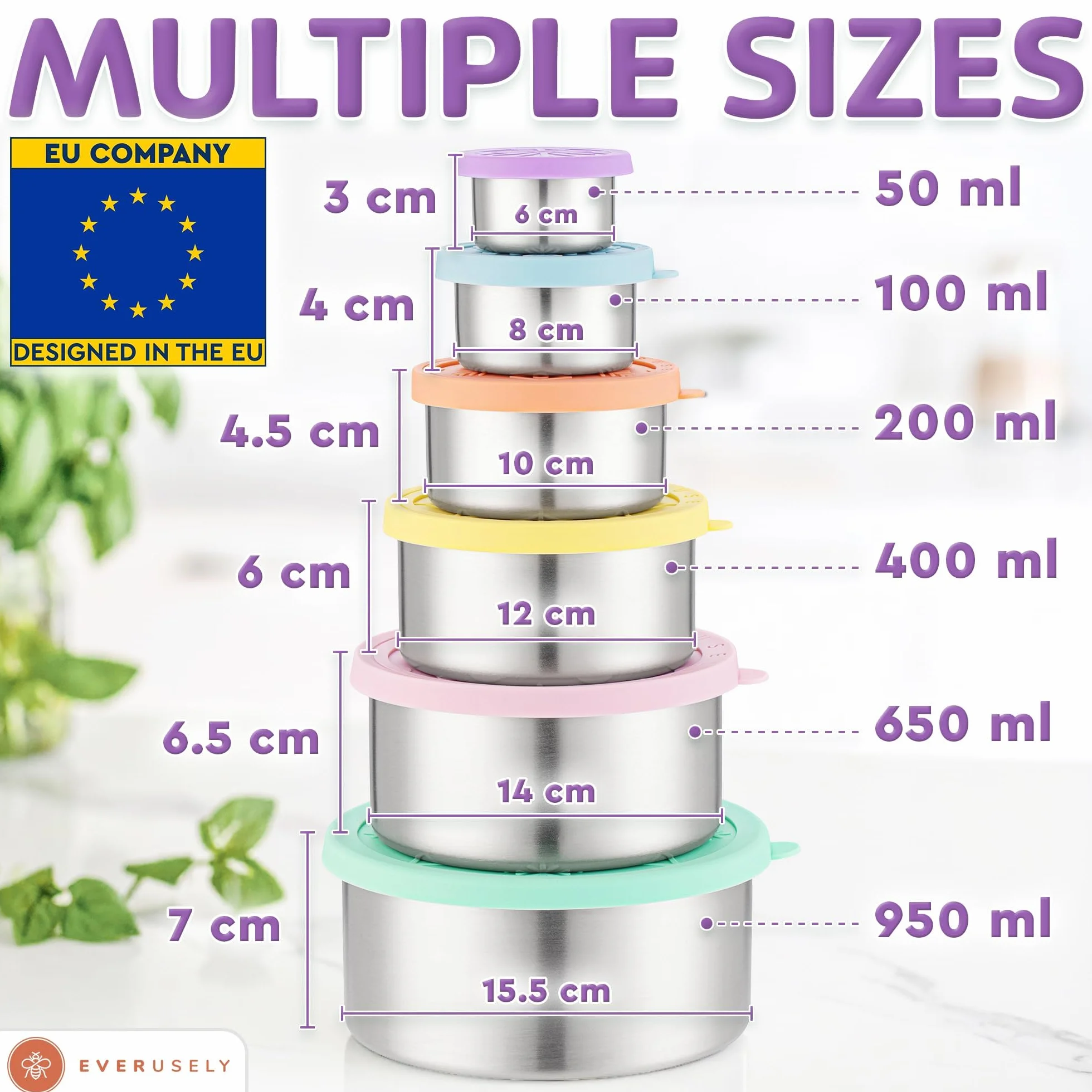 Everusely - Stainless Steel Containers with Lids - Set of 6, Bright Collection - Leakproof Stainless Steel Food Containers - Nesting Snack Holders