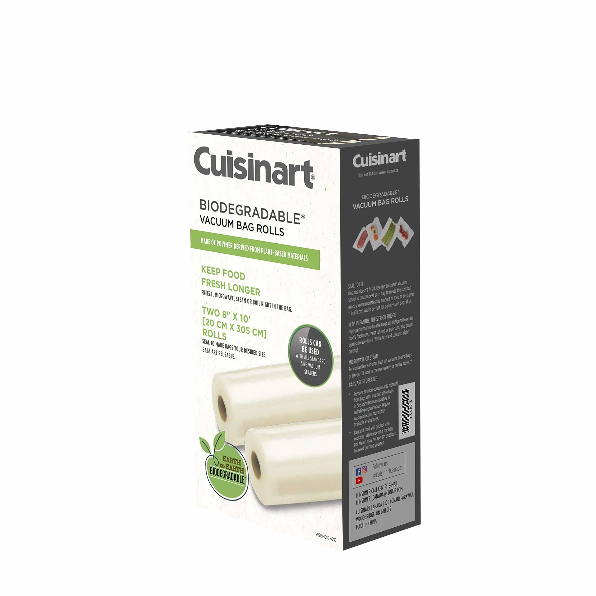 Cuisinart Universal BIODEGRADEABLE Vacuum Food Saver Sealer Bags (VSB-BD82C), 2-Pack, 8" inch x 10 ft. Rolls, BPA Free, Microwave & Freezer Safe, Keep Food Fresh Longer