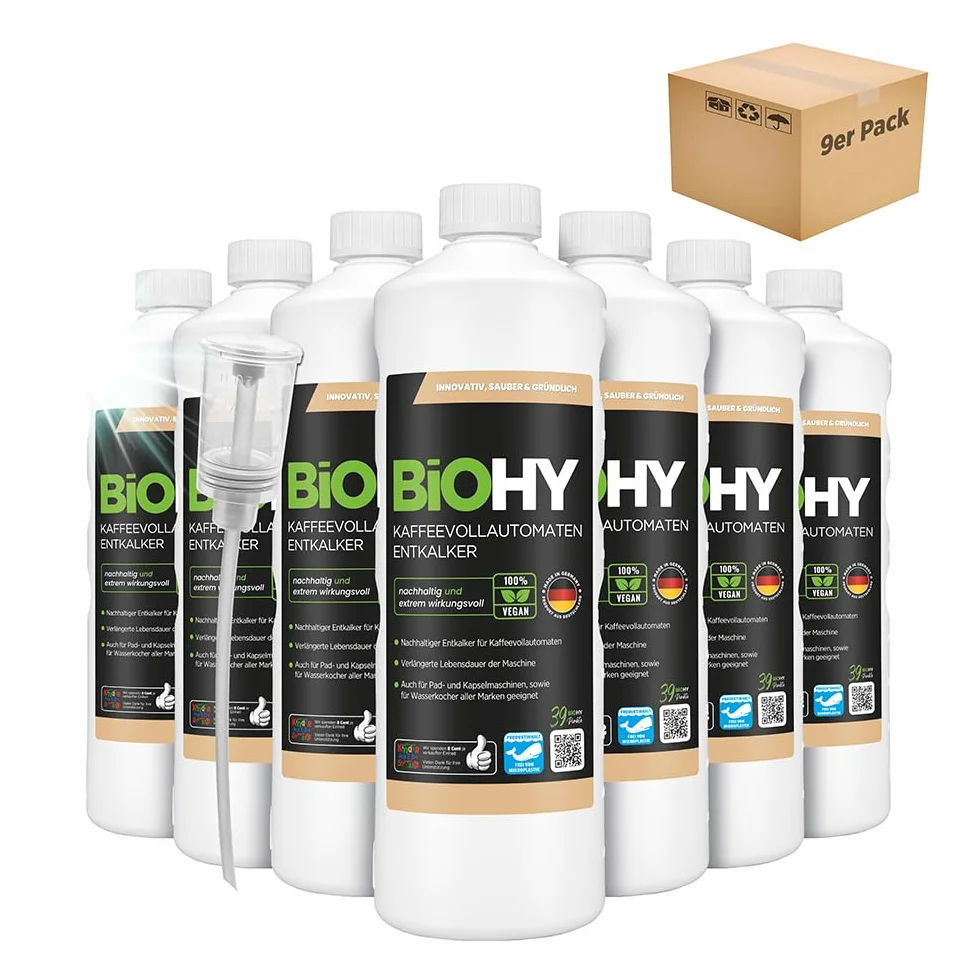 BiOHY Odkamieniacz do ekspresów do kawy (9 x butelka 1l) + dozownik | Idealny do odkamieniania wszystkich ekspresów i ekspresów do kawy | Nadaje się do wszystkich marek (Kaffee Entkalker)