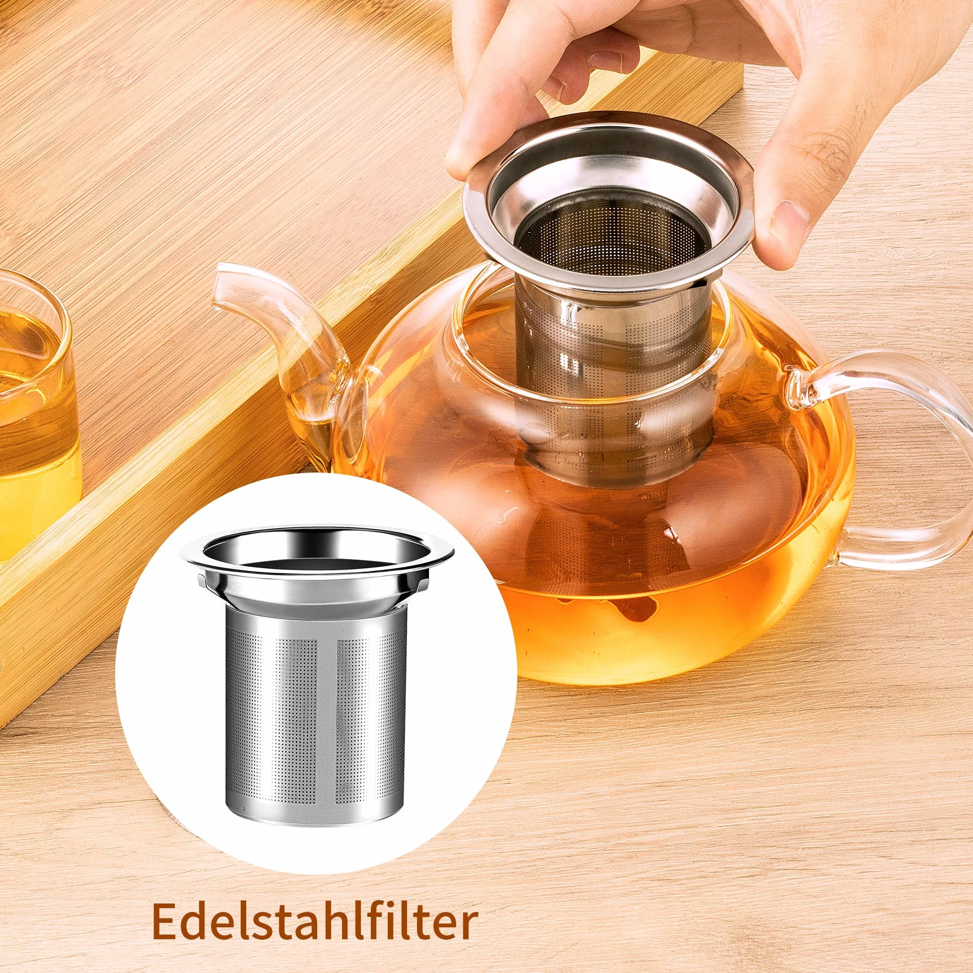 ADEL DREAM Szklany Dzbanek do Herbaty z Zaparzaczem, Czajnik z Sejfem, Kwitnące i Luźne Liście, Zestaw do Przygotowywania (1200 ml + Podgrzewacz)