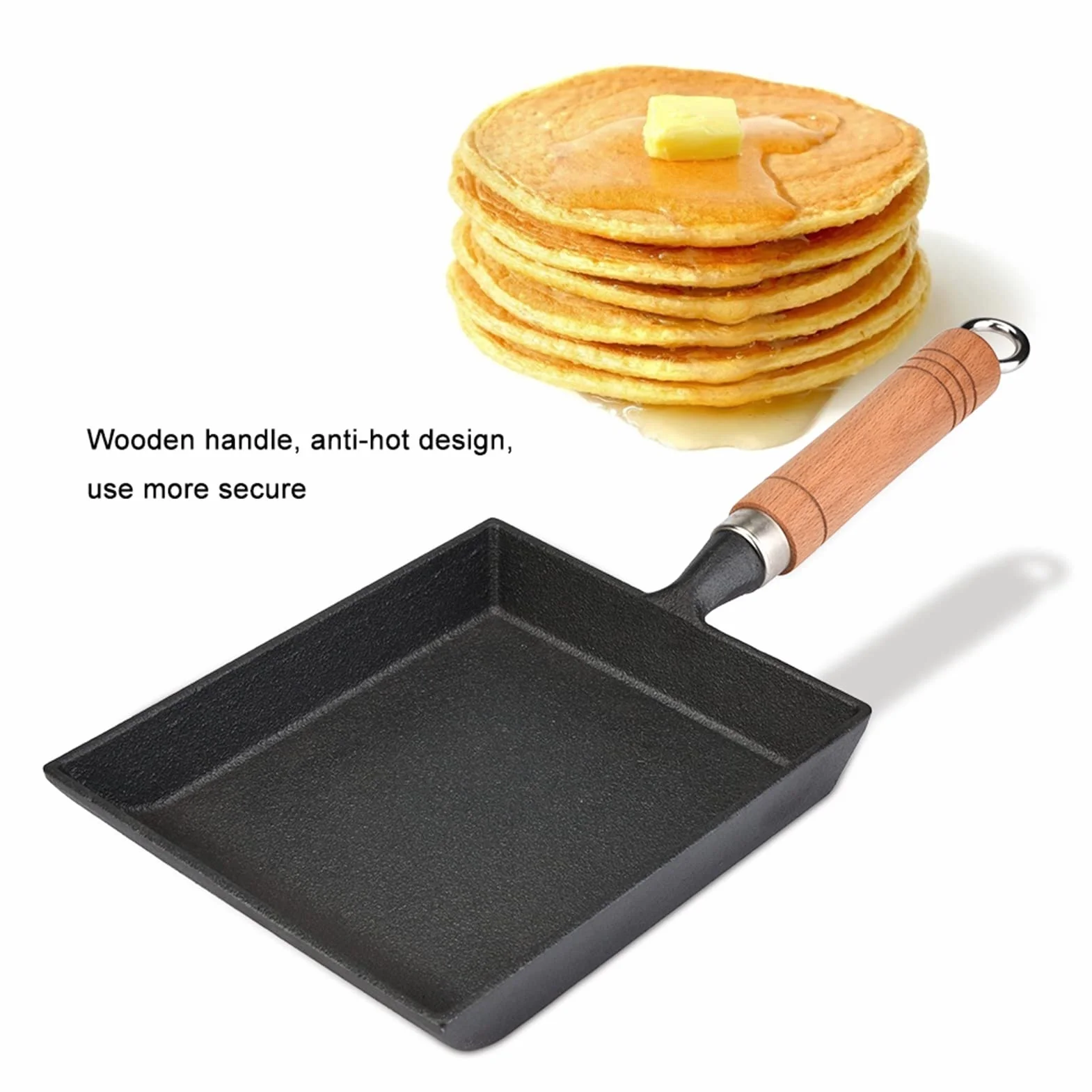 Tamagoyaki Patelnia żelazna Japońska Patelnia Jaja Prostokąt Miski Miski Japońska Miska do Patelni Drewniana Rączka Tamagoyaki Panecznia na Gazach Gazowych, Halogenowych,