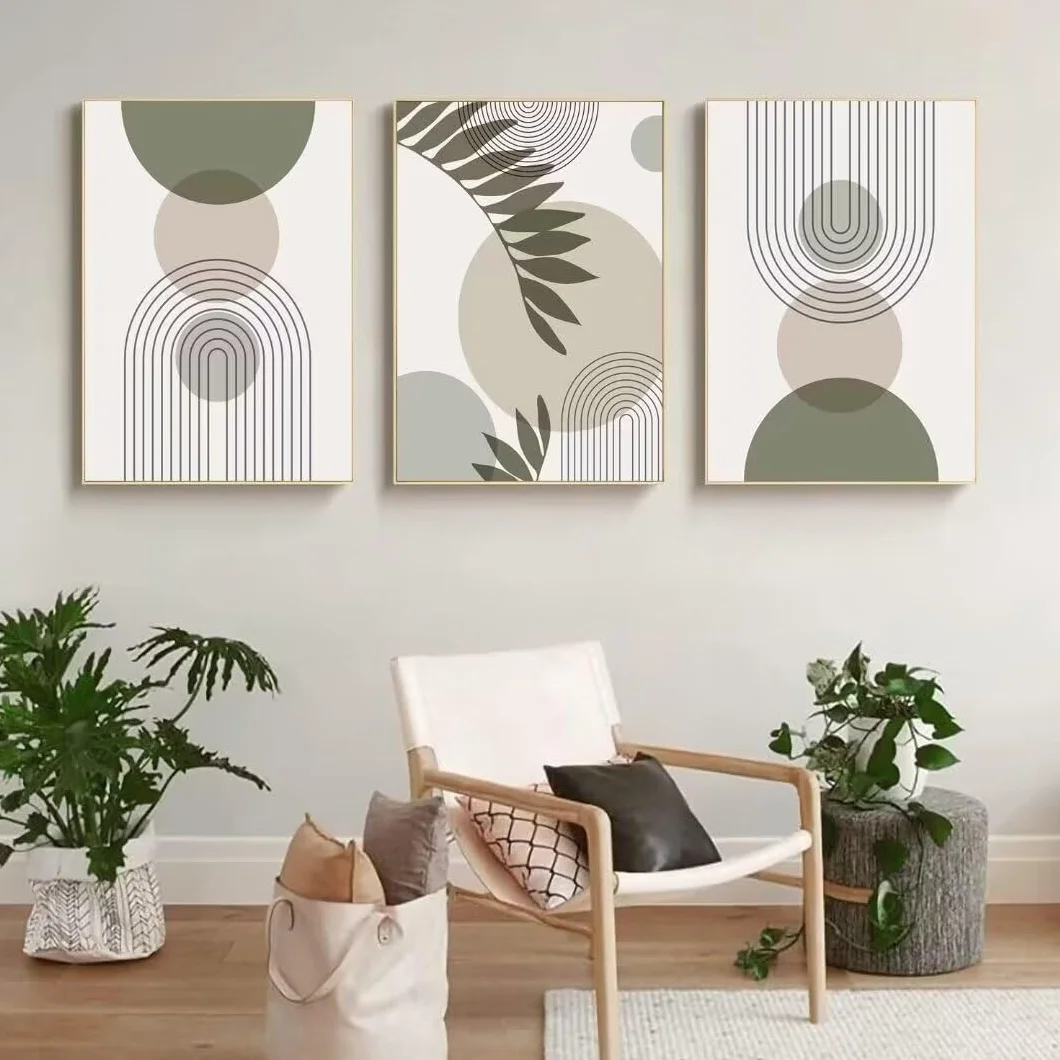 PWAAHDC Zestaw obrazów na płótnie w zieleni szałwiowej z ramą - zestaw 3 - duże abstrakcyjne obrazy boho do korytarza, schodów, sypialni i salonu - 40x60 cm