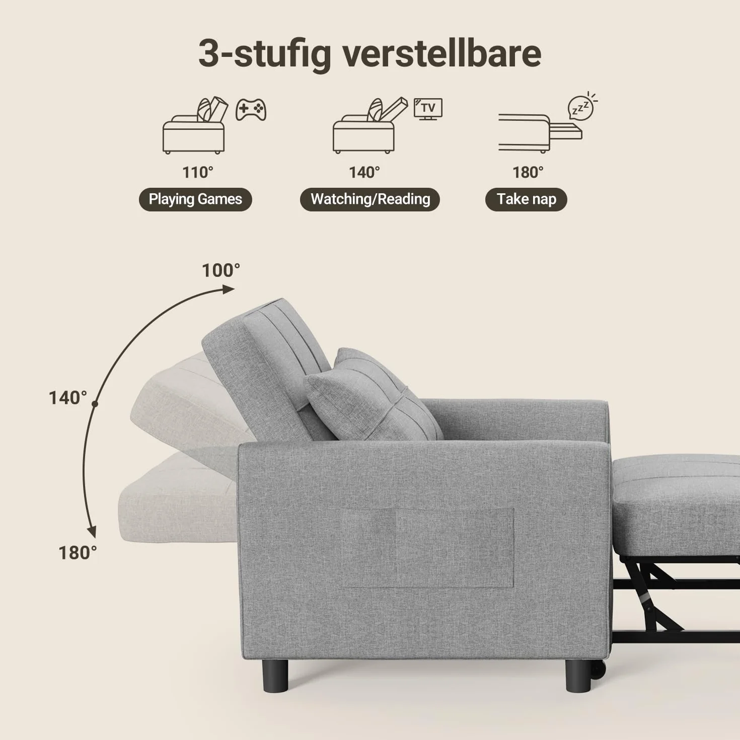 Fotel Do Spania 3 w 1 Rozkładana Sofa z Poduszkami i Kieszeniami Boczny, Jasnoszary