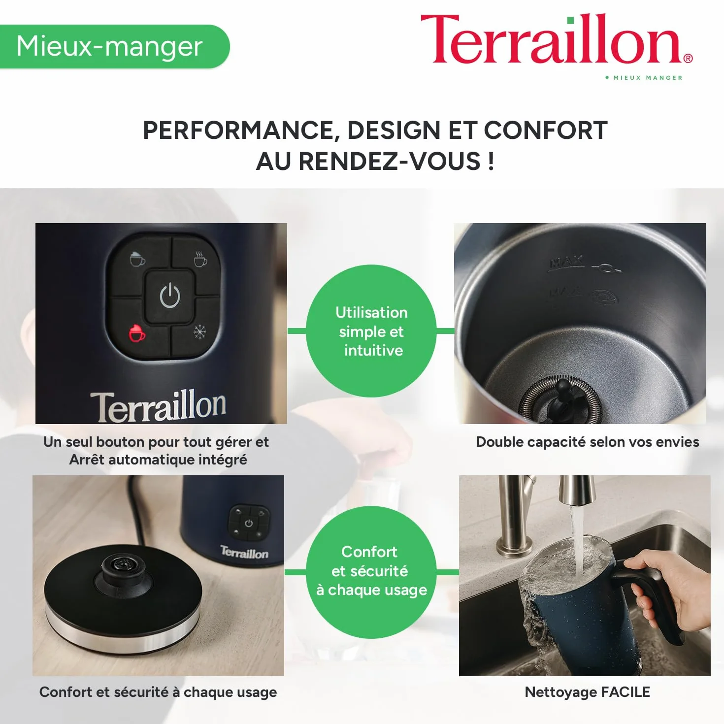 TERRAILLON - NEW MOON - Elektryczny spieniacz do mleka, pojemność 300 ml, 4 funkcje, podstawa obrotowa 360°, wskaźnik świetlny, automatyczne wyłączanie, malowany korpus ze stali nierdzewnej, niebieski