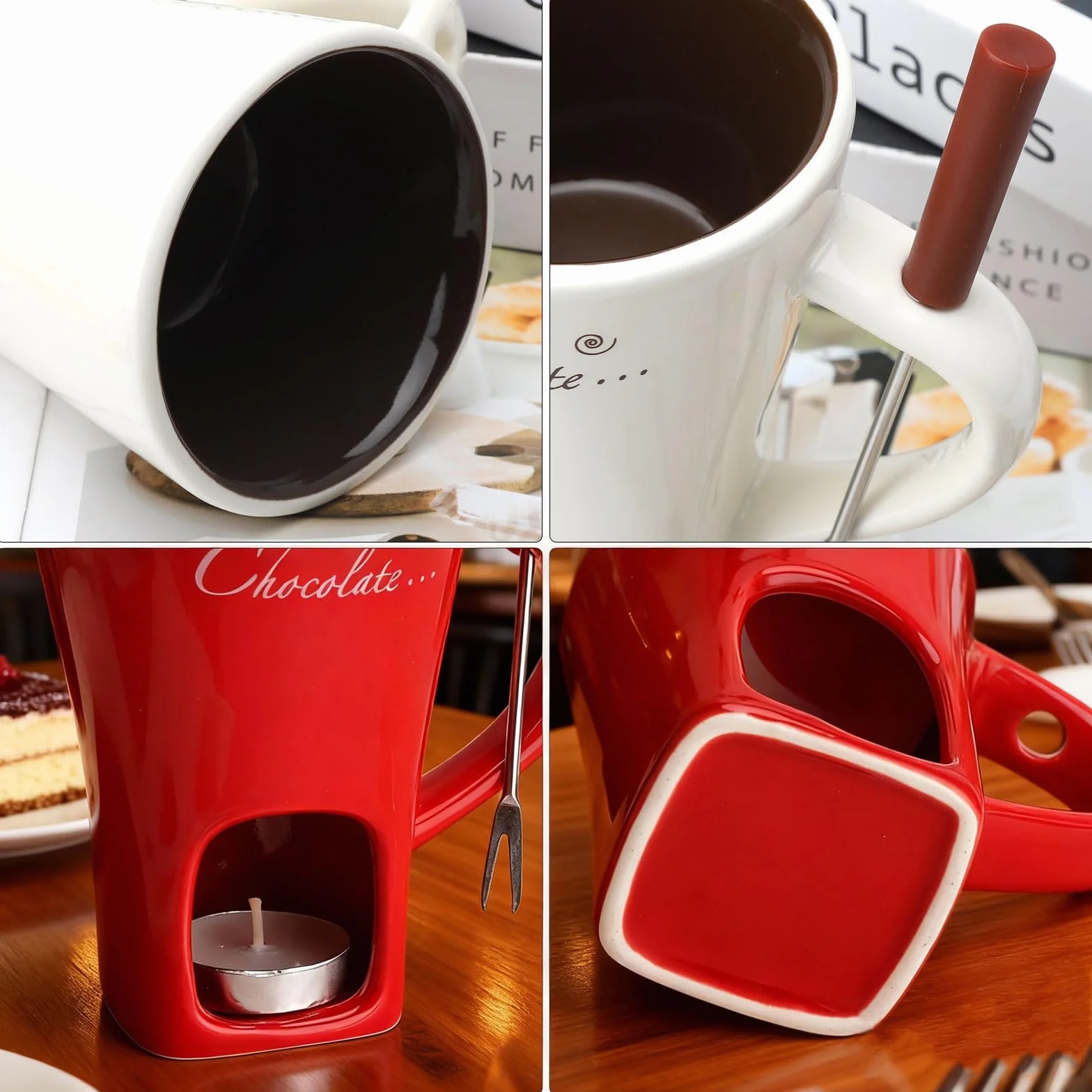 2 szt. czekoladowe fondue kubek ceramiczny 130 ml, czekoladowe fondue kubek z uchwytem na podgrzewacze, widelce, czekoladowe fondue, zestaw do fondue, czekolady, fondue, czekolady, fondue, zestaw do