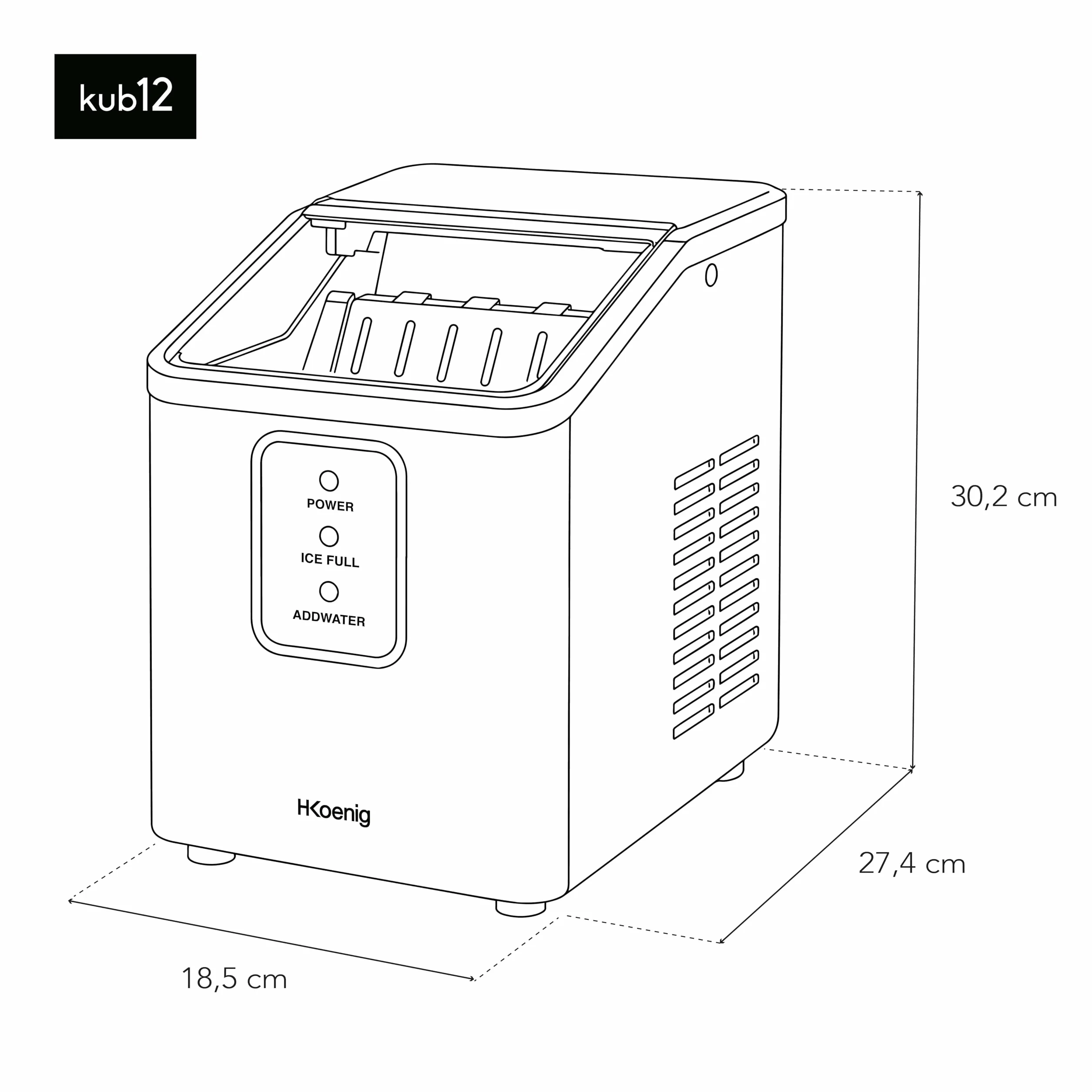 H.Koenig Kostka lodu KUB12-12 kg w ciągu 24 godzin, 2 rozmiary kostek lodu, przenośna, kompaktowa, cicha 1 l, gotowe kostki lodu w 6 min, łopata do kostek lodu