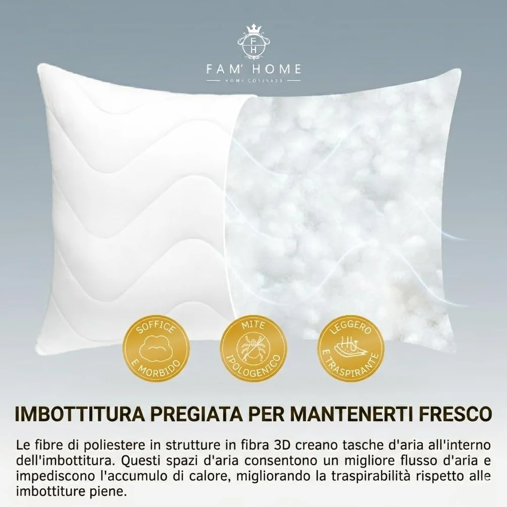 FAM' Home luksusowa poduszka dla alergików 50 x 70 cm, zestaw 2 szt. – poduszka pod głowę, wypełnienie objętościowe (720 g) – ergonomiczna biała poduszka do spania – łatwa pielęgnacja – poduszka 50 x
