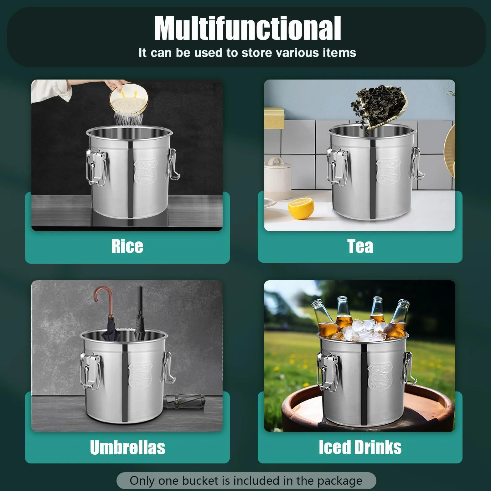 Hermetyczny pojemnik do przechowywania żywności ze stali nierdzewnej, z pokrywką, 12 l, 6 l, 21 l, 33 l, idealny do suchej/mokrej żywności, mąki, ryżu, wszechstronny nizer kuchenny