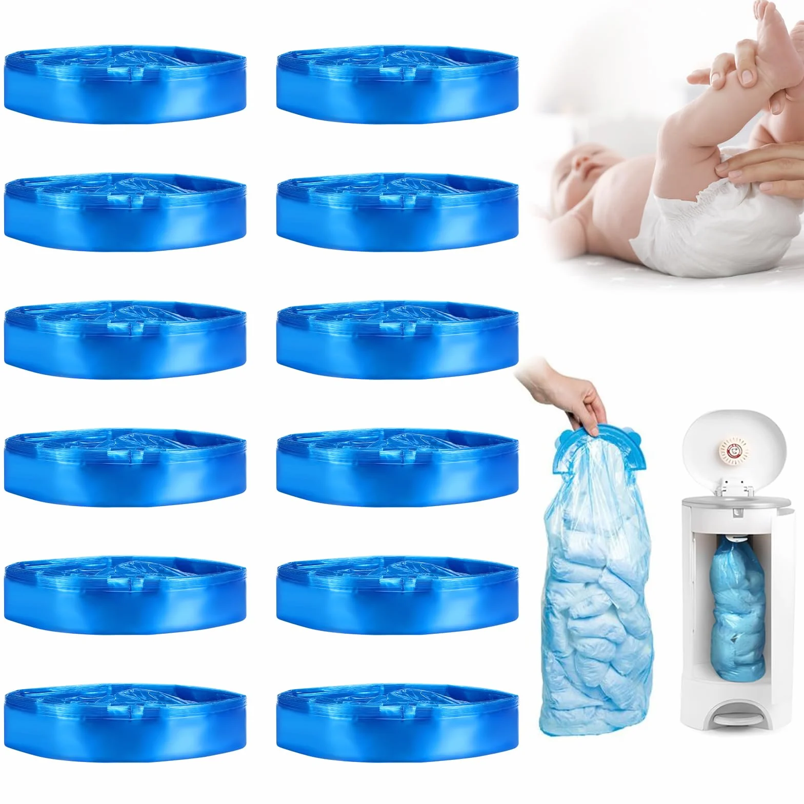12 sztuk kaset uzupełniających, folia uzupełniająca 4,5 m, wiaderko na pieluchy, kasety uzupełniające, kompatybilne z Angelcare, do ośmiokątnych pojemników na pieluchy, do luźnych litrów (niebieskie)