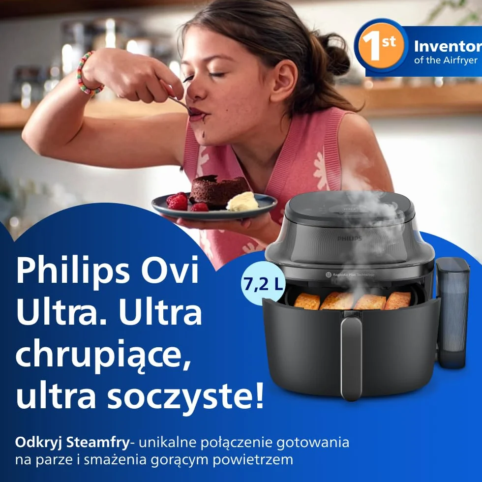 Philips Ovi z parą - Steamfry, Gotowanie na parze i Airfry - 21 sposobów gotowania; Pojemność 7,2 l, Technologia RapidAir, Okienko, Powłoka ceramiczna, Automat. czyszczenie parą (NA540/00)
