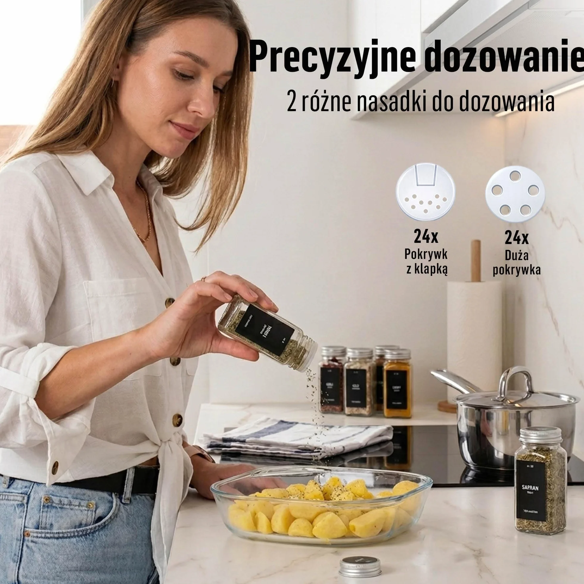 Deco haus® Słoiczki na Przyprawy z Nakrętką - Zestaw 24 sztuk - Różne Nasadki do Wytrząsarek, Lejek, Pędzelek, Etykiety i Kreda - Idealne do Naszych 4 Stojaków na Przyprawy - 120 ml, 10,5 x 4,3 cm