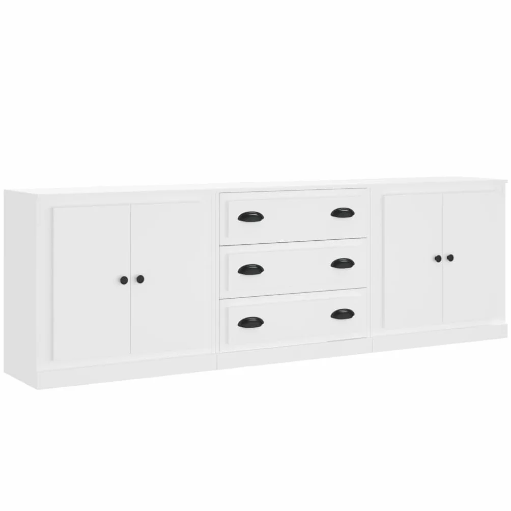 Kredens zestaw 3 sztuk, biały materiał drewnopochodny, szerokość 210 cm, uniwersalna szafka do przechowywania do salonu, kuchni, korytarza, biura, nowoczesne wzornictwo, trwała, łatwa w