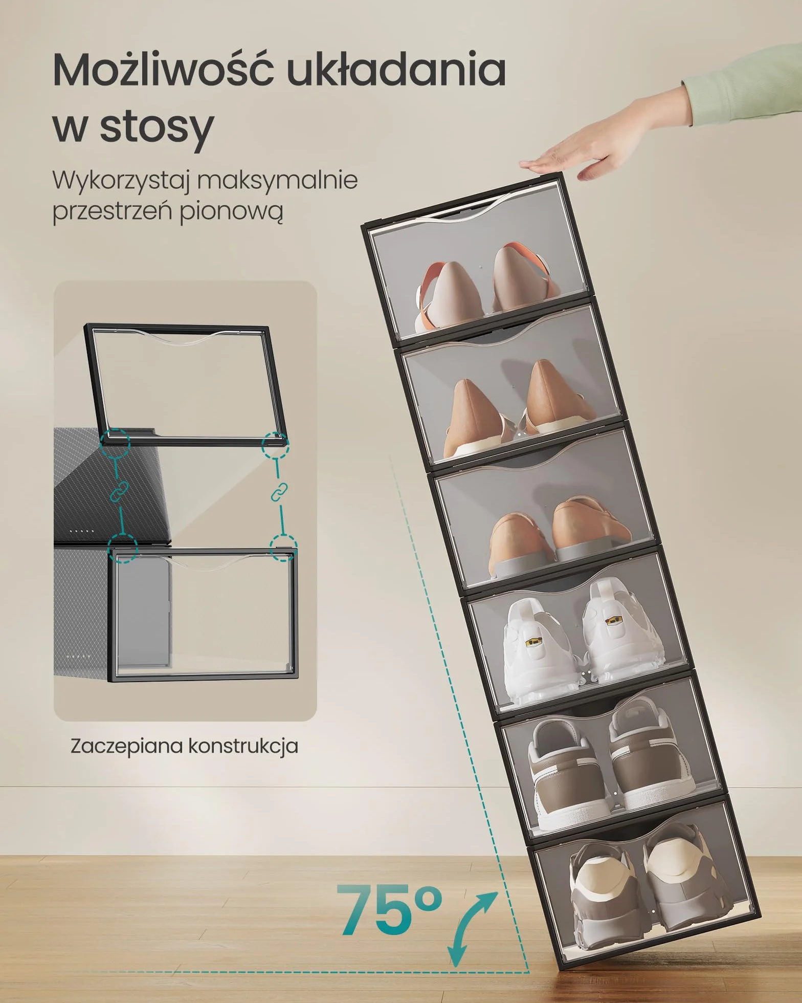 SONGMICS Przezroczyste pudełka na buty, zestaw 12, 33,2 x 23 x 14,5 cm, do rozmiaru 42, czarne