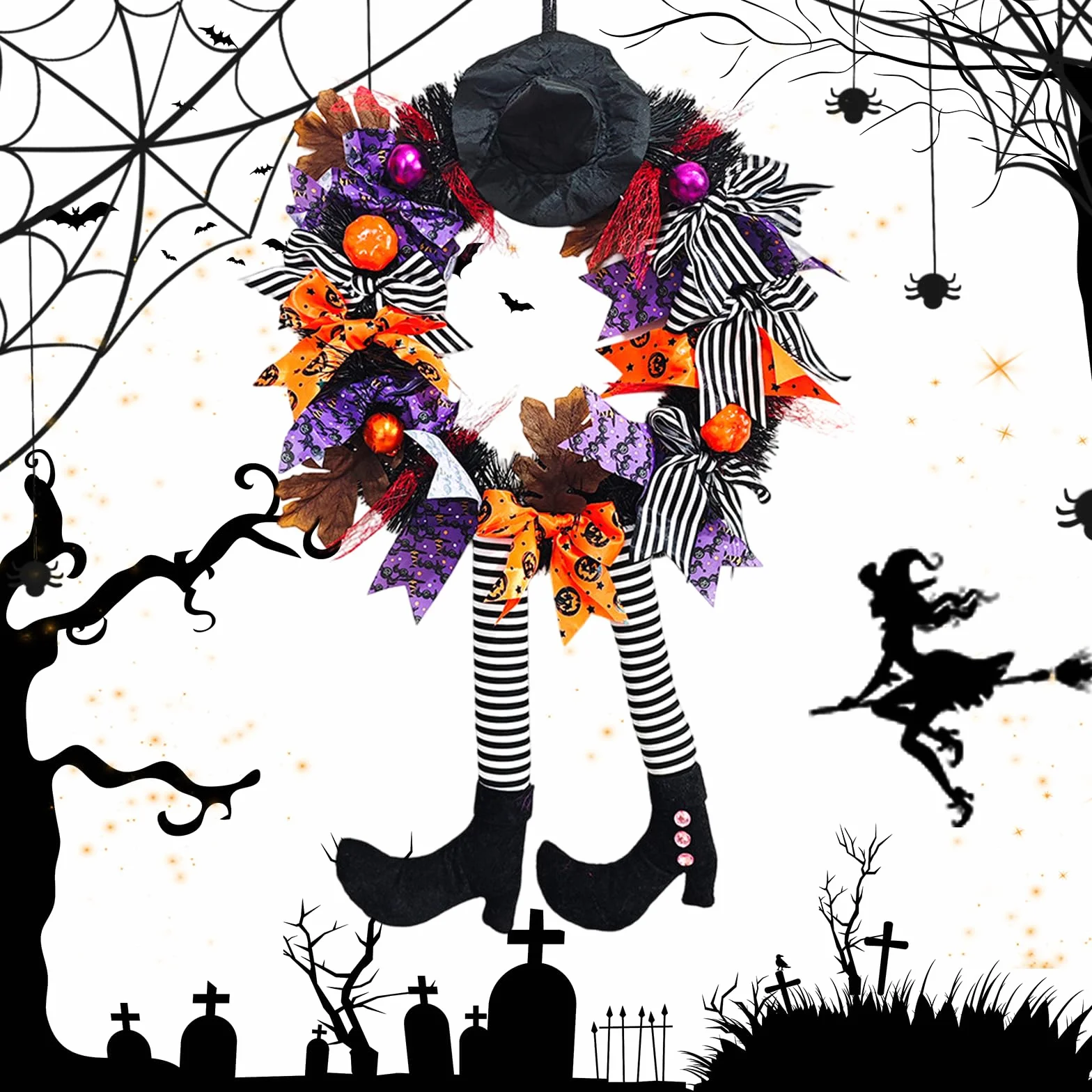 chenyu Dekoracje na drzwi Halloween Wieniec czarownic 62 cm Halloween Dekoracje Kapelusz Czarownicy z dyni Łapy Dyni Wiszące Dekoracje Kominkowe Pokoje