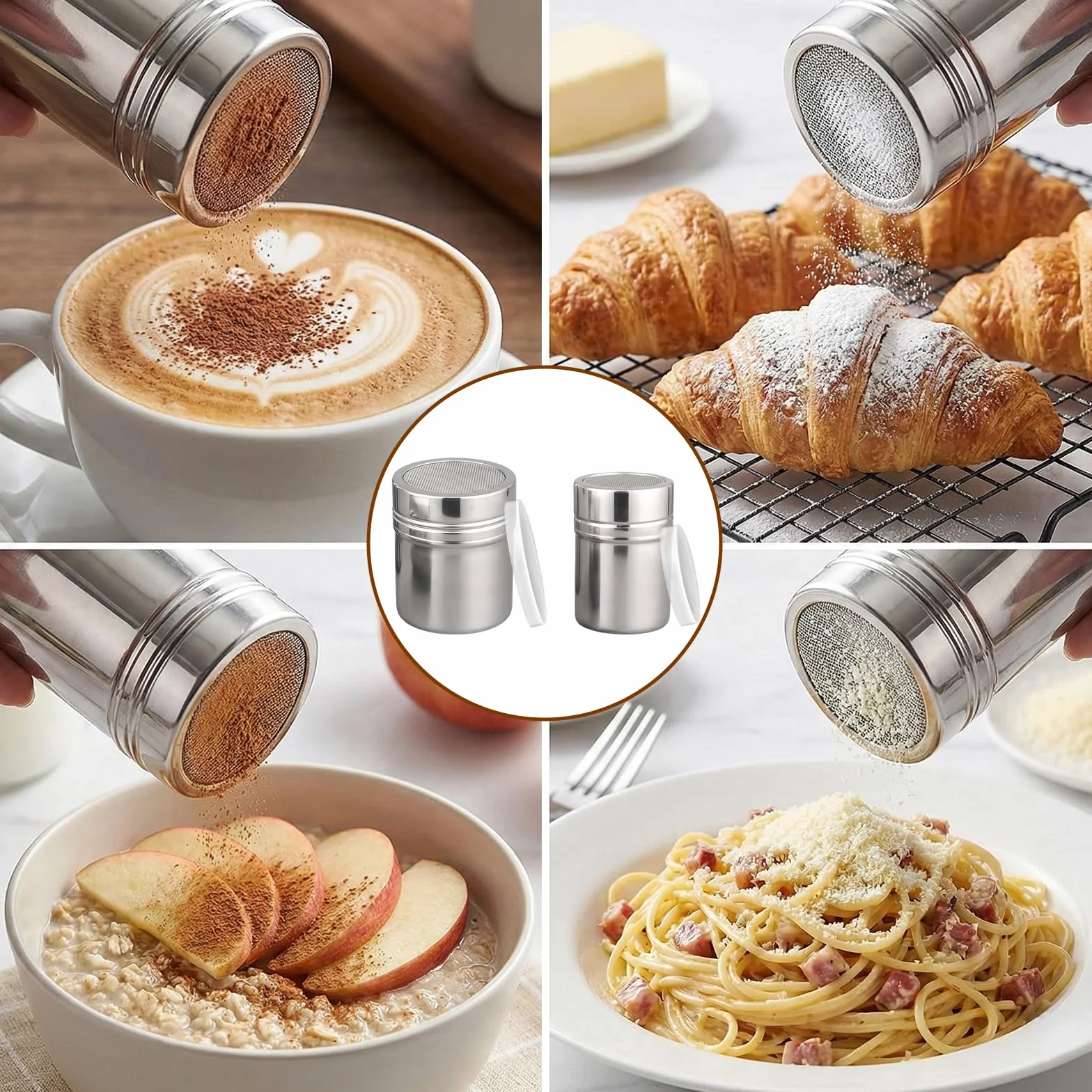 2 sztuki cukierniczek do kakao, ze stali nierdzewnej, z pokrywką utrzymującą świeżość i 16 części, szablony do cappuccino, 10 naklejek Crayful, solniczka do kakao, sitko do cappuccino