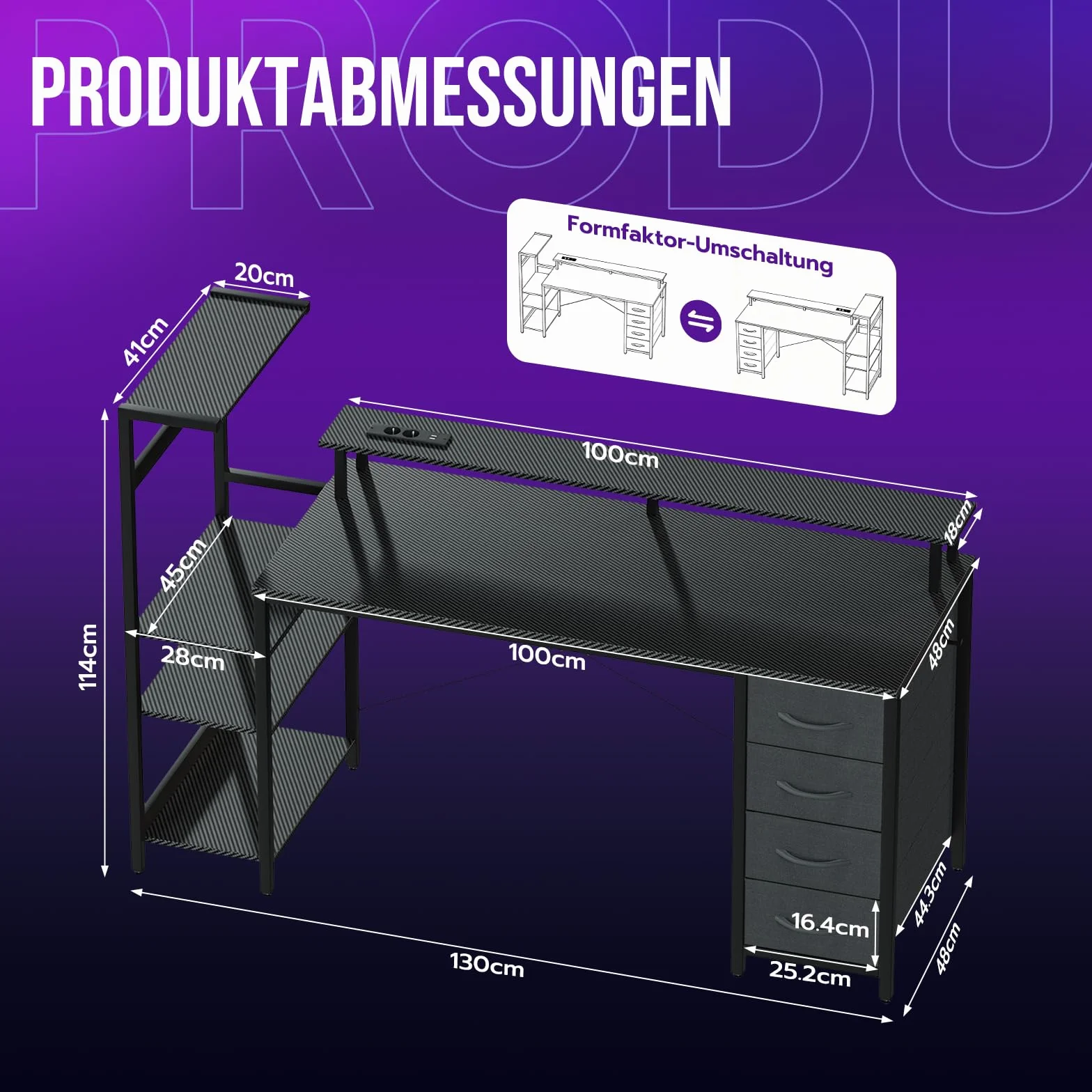 YOUDENOVA Biurko gamingowe 130 x 50 cm, stół gamingowy z oświetleniem LED i gniazdkiem, biurko komputerowe z szufladami, włókno węglowe, czarne