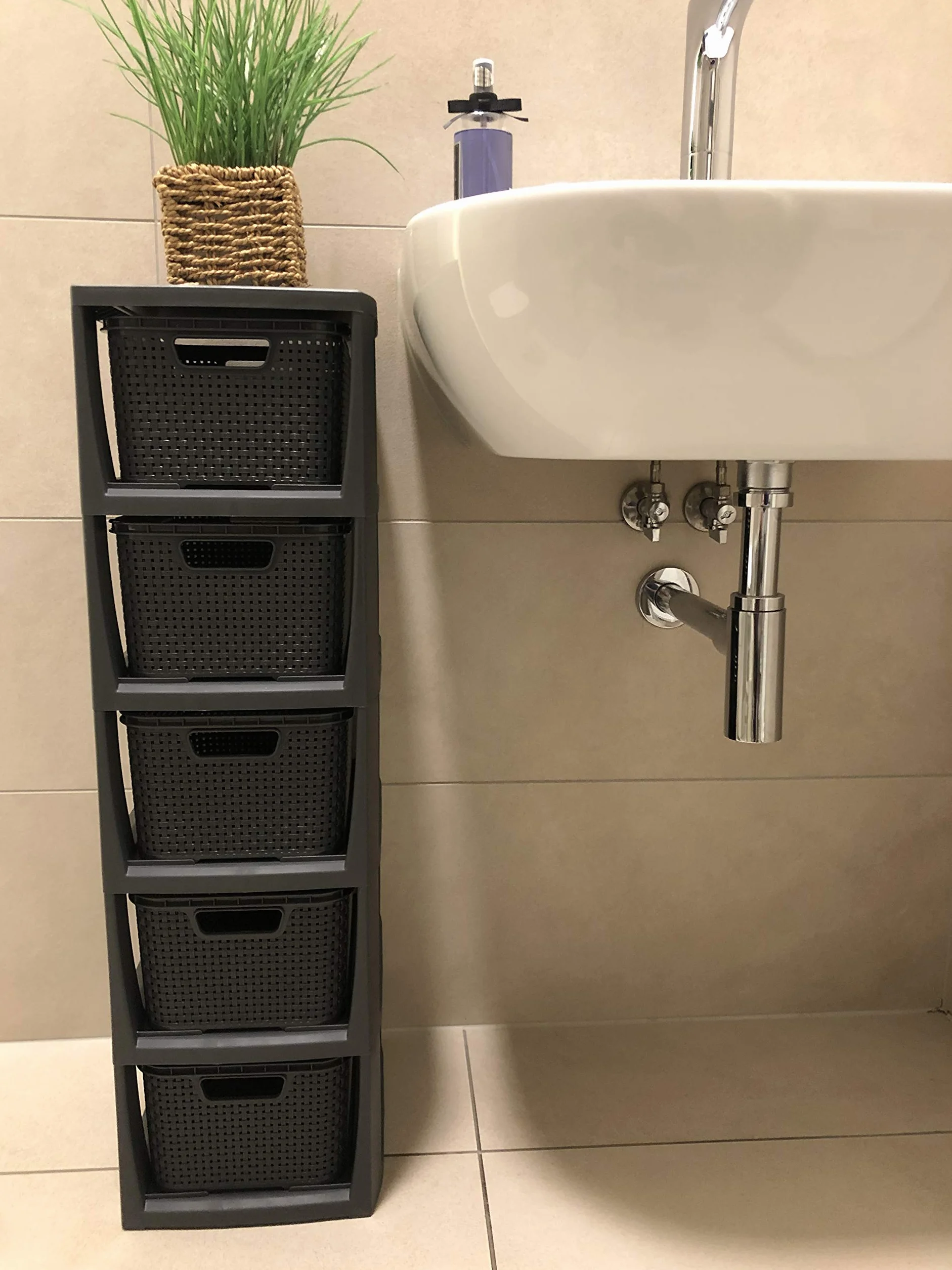 BranQ - Home essential Regał rattanowy, tworzywo sztuczne PP bez BPA, antracytowy, 29,5 x 24 x 80 cm, 5 koszy