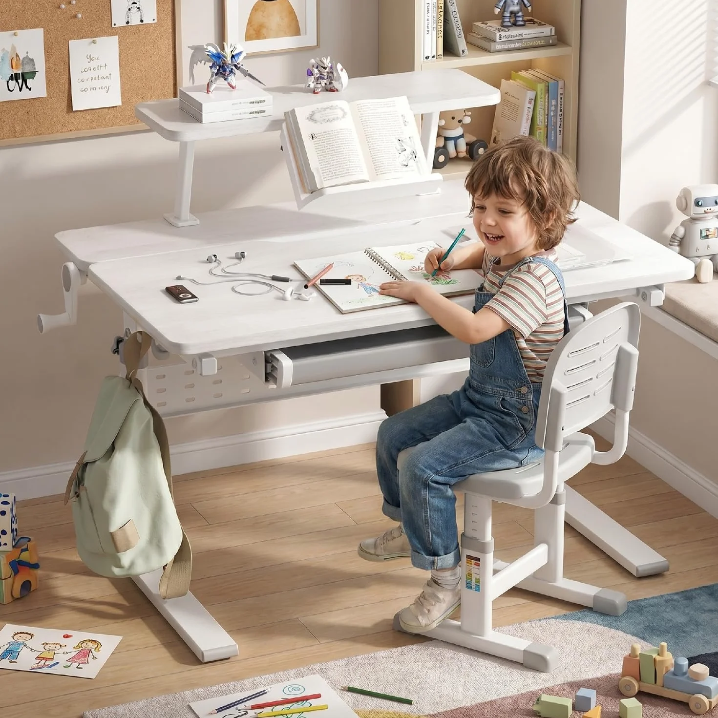 Ergonomiczne biurko ER-483 kids' height and angle adjustable to 40°, extra shelf with book holder, school table for kids up to 40 kg, drawer hook