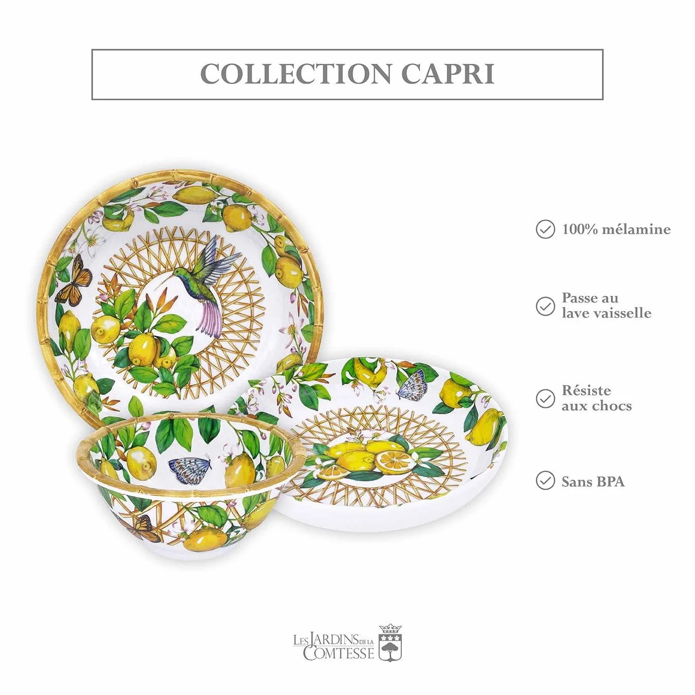 Les Jardins de la Comtesse - Idealny talerz do zupy lub makaronu - melamina - Capri - Ø 20 cm - Żółte cytryny - Kolekcja Quasi-Nietłukące się zastawy stołowej MelARTmine