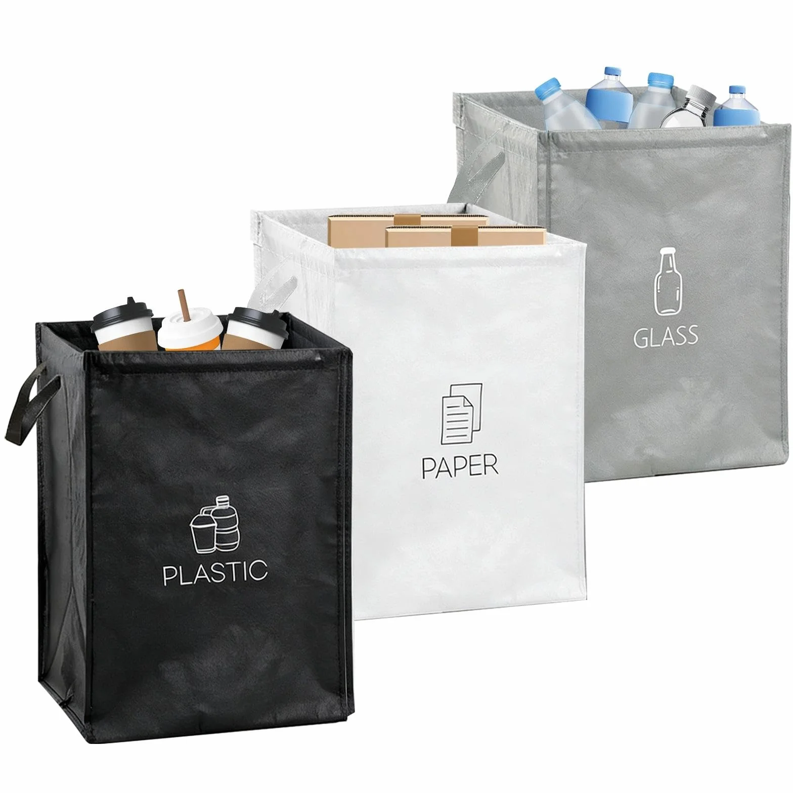 Wvu & Wvo System segregacji śmieci 3-częściowy – zestaw 3 systemów segregacji śmieci na plastik, papier i szkło – pojemniki do recyklingu i zbierania starego papieru z uchwytem, rozwiązanie do