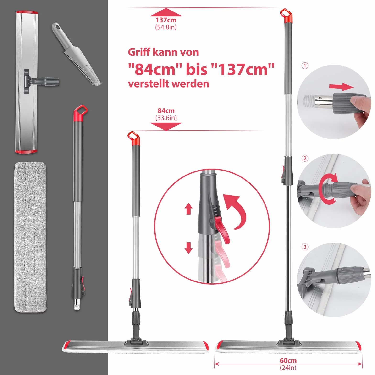 Myiosus Mop do podłóg, mop do podłogi, szerokość 60 cm, z uchwytem ze stali nierdzewnej, regulowany uchwyt ze stali nierdzewnej, płaski mop z mikrofibry, obracany o 360°, do płytek z twardego drewna