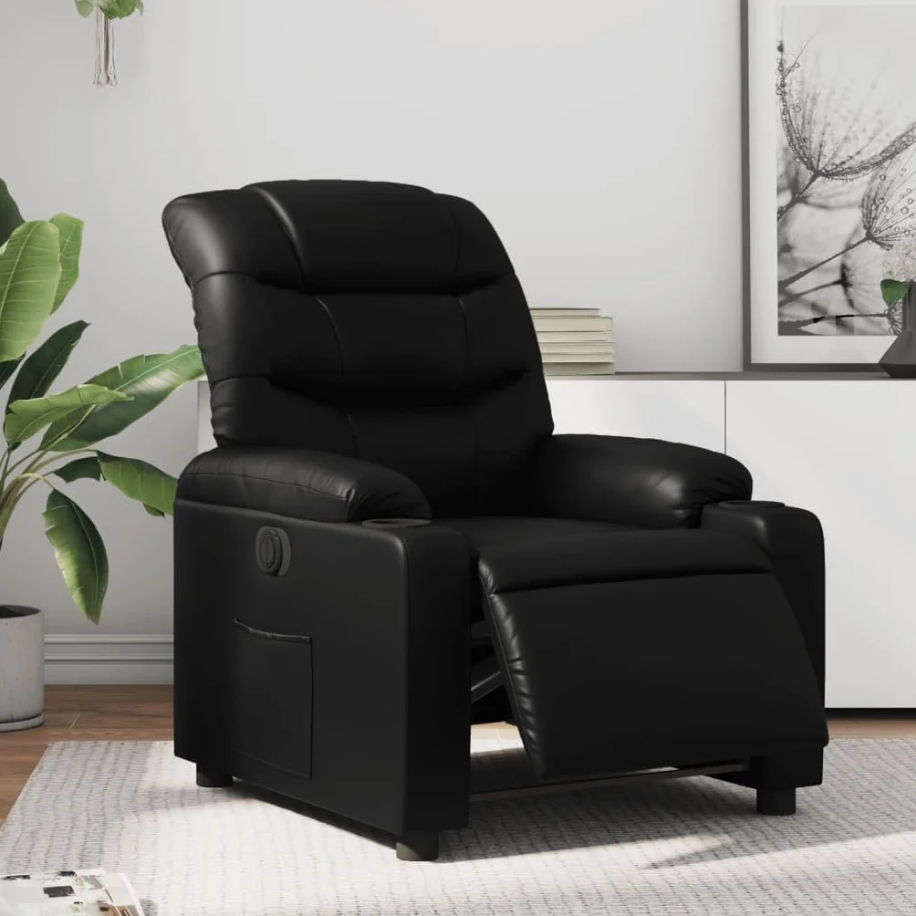 Fotel relaksacyjny elektryczny z funkcją leżenia, czarny, sztuczna skóra, 75,5 x 93 x 99,5 cm, regulowany, z podłokietnikami i oparciem, do salonu, biura, kącik do czytania, ergonomiczny