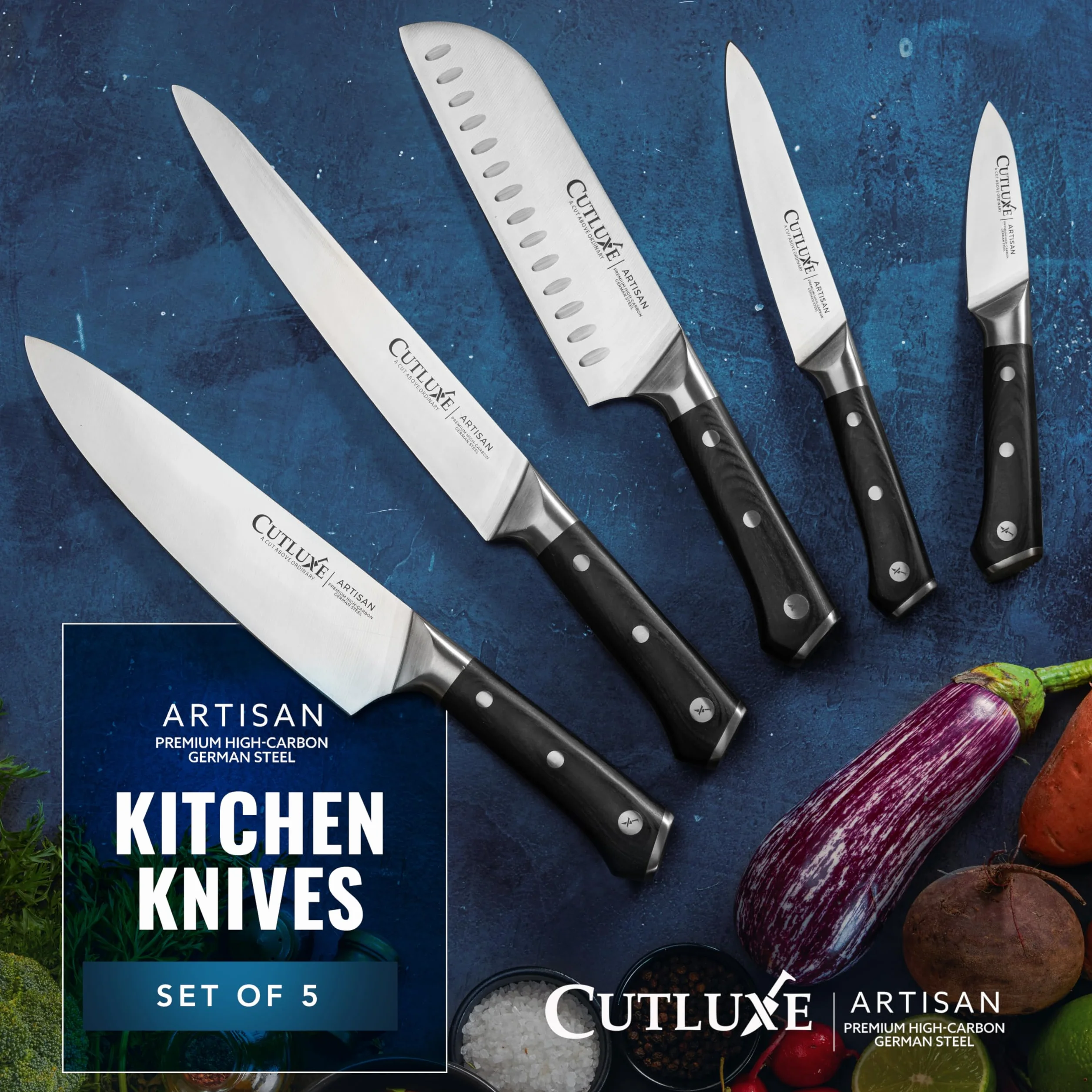 Cutluxe Zestaw noży szefa kuchni 5-częściowy, niemiecka stal, seria Artisan