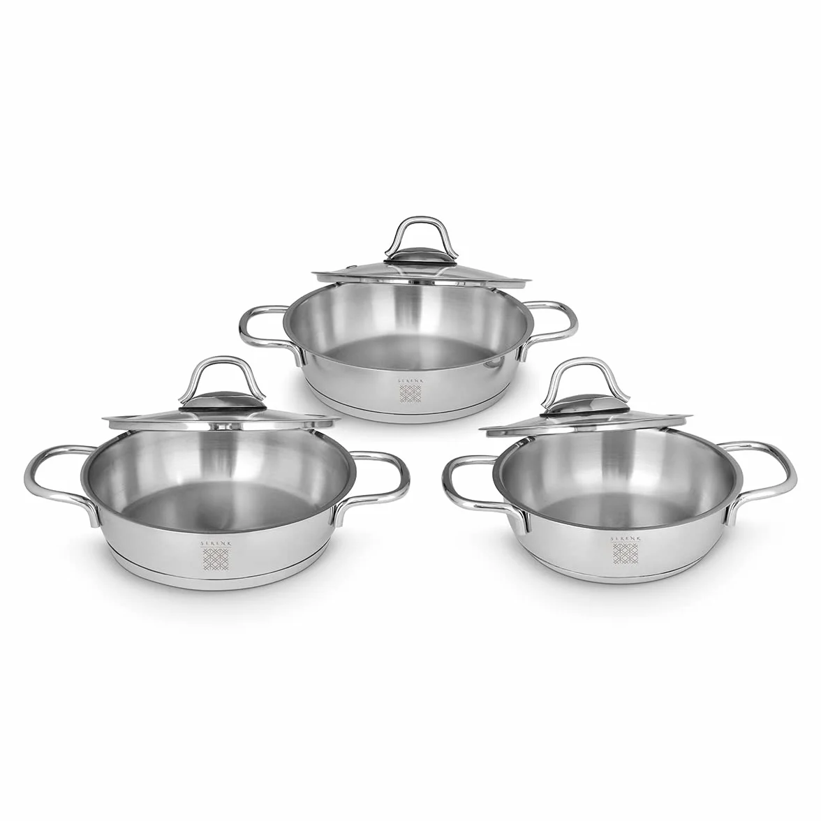 SERENK Bateria kuchenna Indukcja 6 sztuk | 3 rondele + 3 szklane pokrywy | Ø14cm, Ø16cm, Ø18cm | Zestaw garnków ze stali nierdzewnej