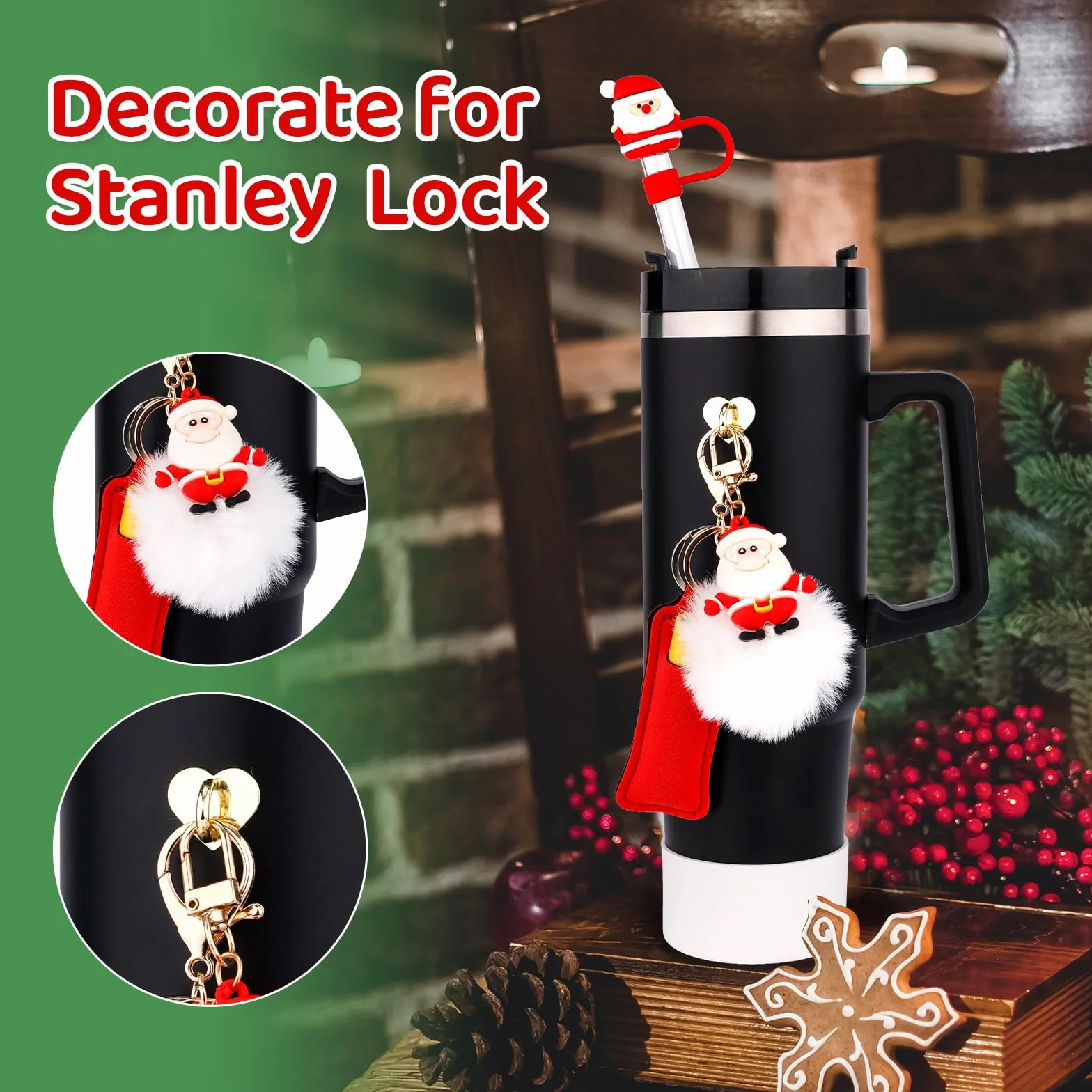 Zestaw Akcesoriów do Kubków Swiatecznych do Stanley, 6szt Akcesoriów do Kubków ze Pokrywa ze Slomy Haczyk na Szminke Pompon Zawieszki Swiateczne do Stanley Kubka 30 oz 40oz (Swiety Mikolaj)