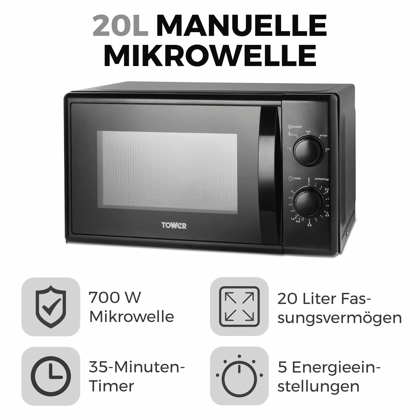Tower Mikrofalowy z 5 Moc Poziomy oraz 35 Minuta Timer, 20 Litr Pojemność, 700 Watts, Czarny