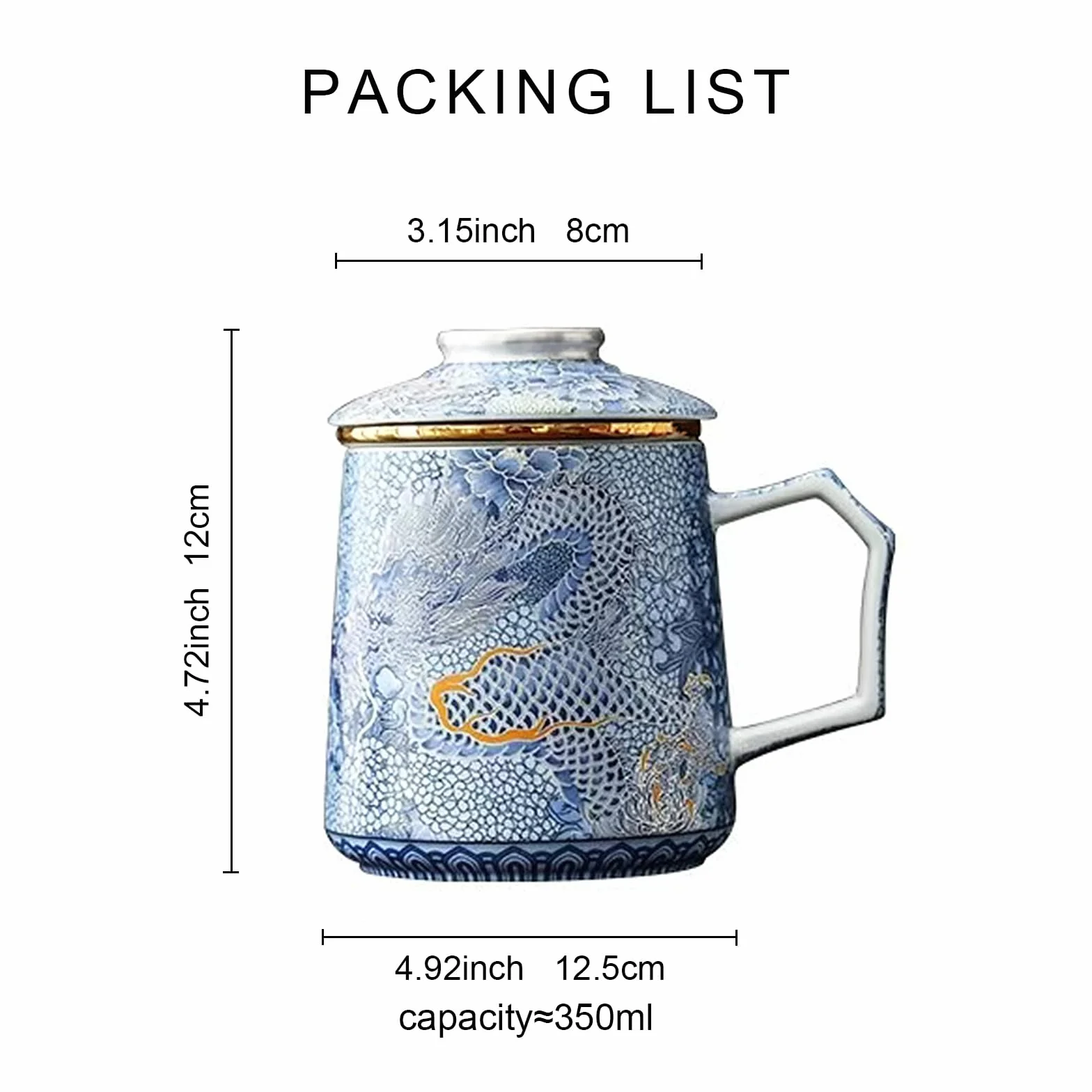 fanquare Chiński smok, filiżanki do herbaty, niebieska, porcelana, filiżanka do herbaty z zaparzaczem i pokrywką, duży kubek do herbaty, tradycyjny ceramiczny kubek do kawy z uchwytem, na prezent i do