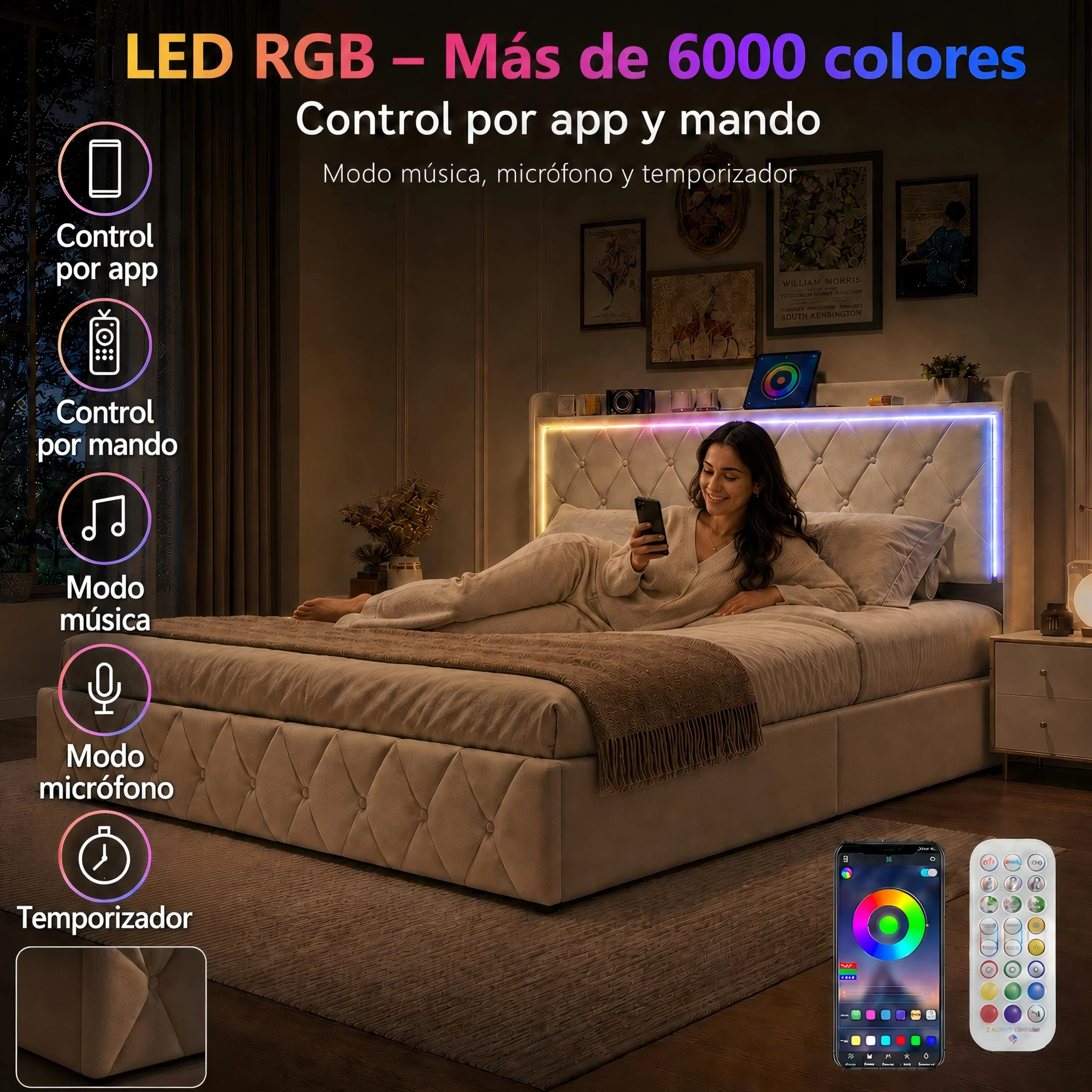 MOTUZP Łóżko tapicerskie o wymiarach 140 x 190 cm z hydraulicznym schowkiem, zagłówek z oświetleniem LED i USB typu C, zagłówek do przechowywania, funkcjonalne łóżko dla dorosłych i młodzieży, bez