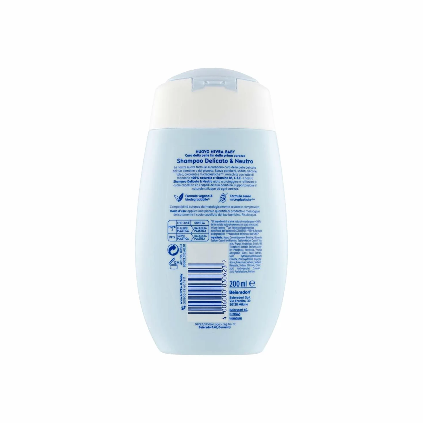 NIVEA BABY Delikatny i neutralny szampon 200 ml, szampon dla dzieci do delikatnego oczyszczania, szampon dla niemowląt z ochroną przed łzami, szampon bez siarczanów do włosów miękkich i bez węzłów