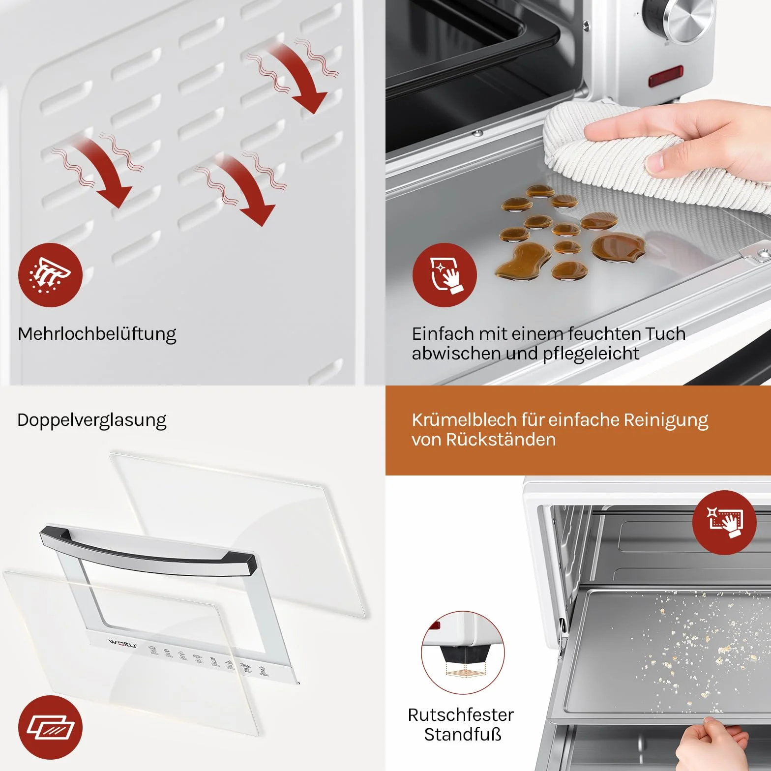WOLTU mini piekarnik 32 litry, toster 1600 Watt | Piec do pizzy | Wyjmowana tacka na okruchy z minipiekarnikiem z timerem do pizzy, tostów, indyka, hot-dogów, biała