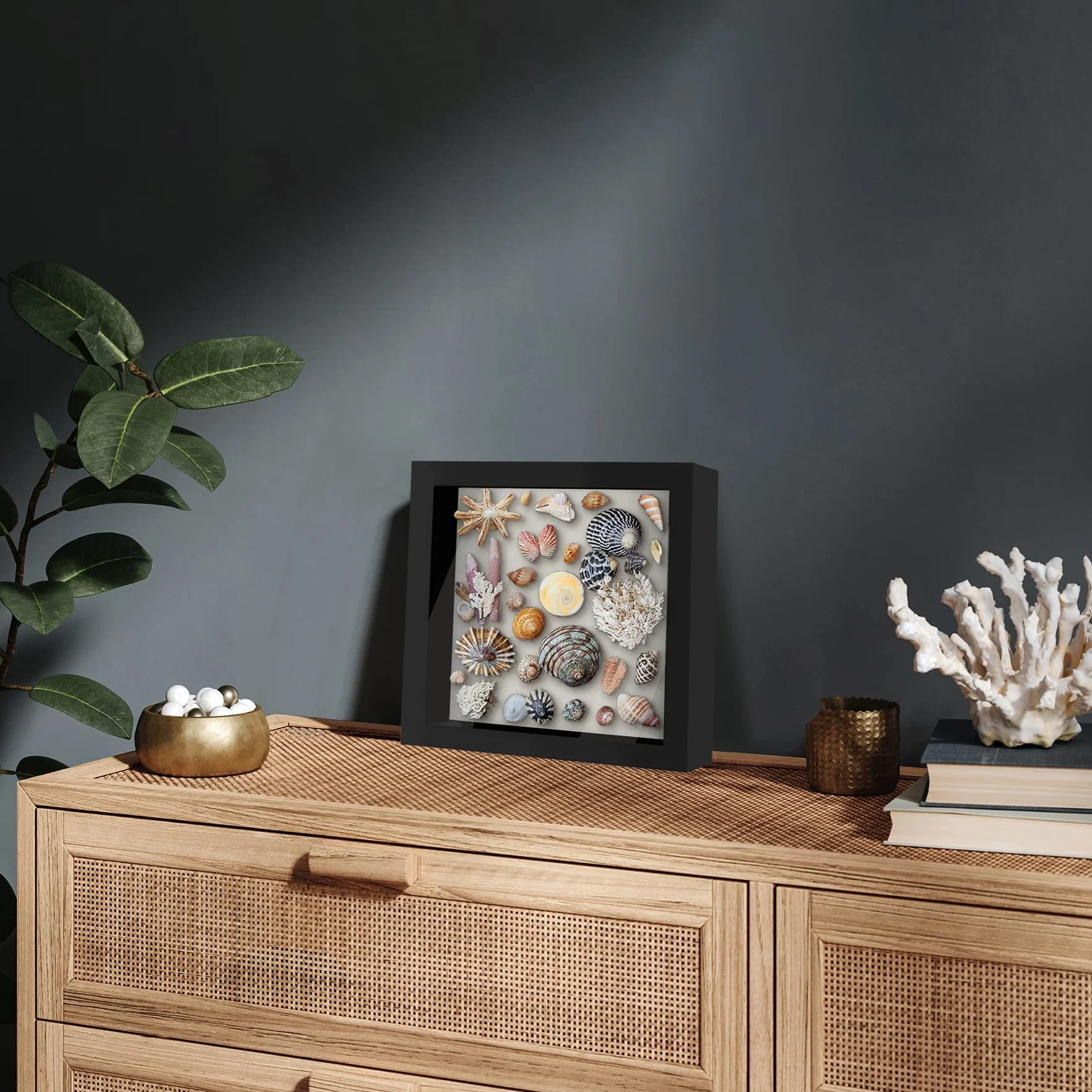 Americanflat Ramka Shadow Box 8 x 8 w kolorze czarnym z miękkim lnianym tyłem - drewno kompozytowe z odpornym na pęknięcia szkłem na ścianę i blat - 2 sztuki