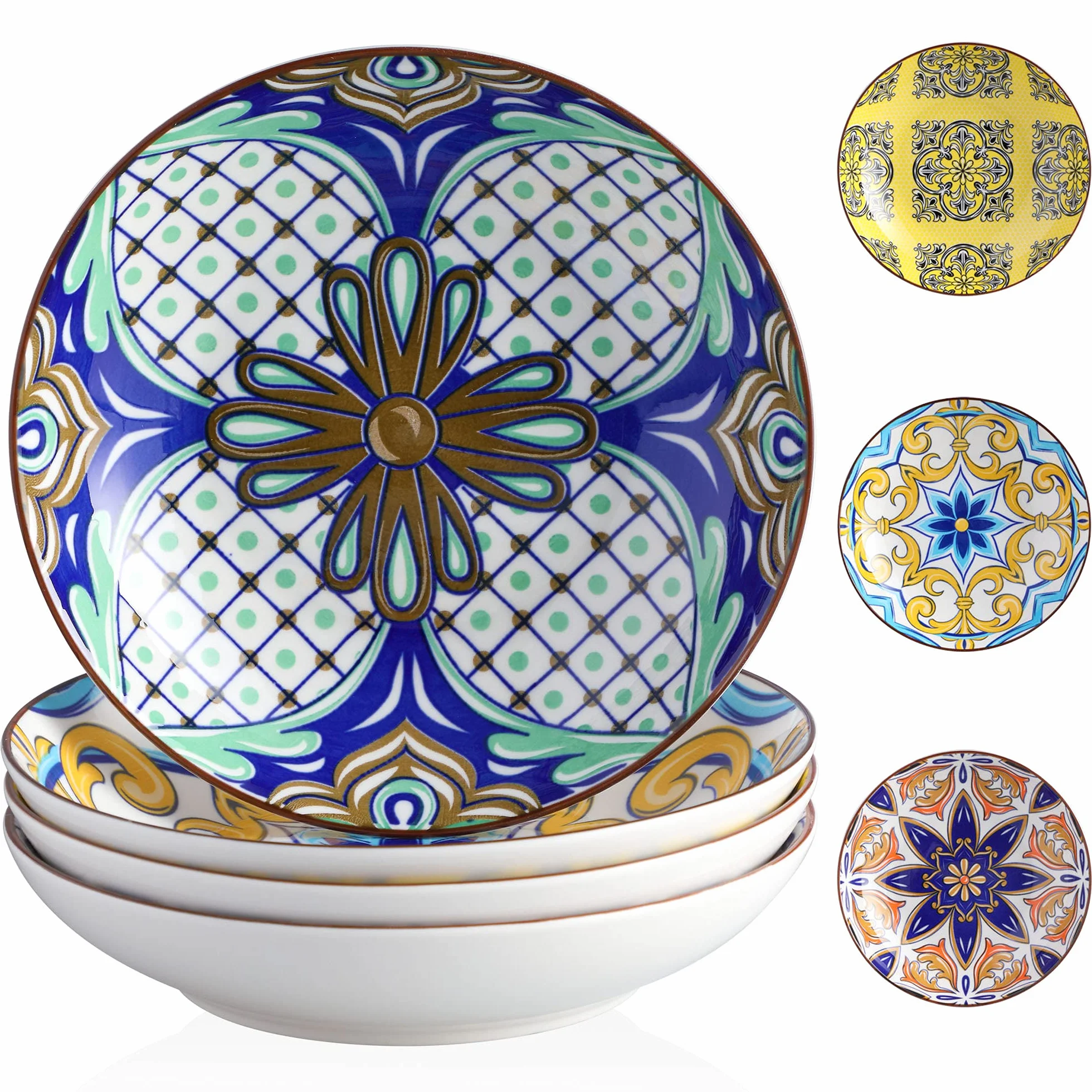 Vancasso Jasmin Zestaw Porcelanowych Misek do Makaronu i Zupy, 920 ml, Układane w Stos, Odporne na Odpryski i Pękanie, 4 Talerze, Styl Marokański